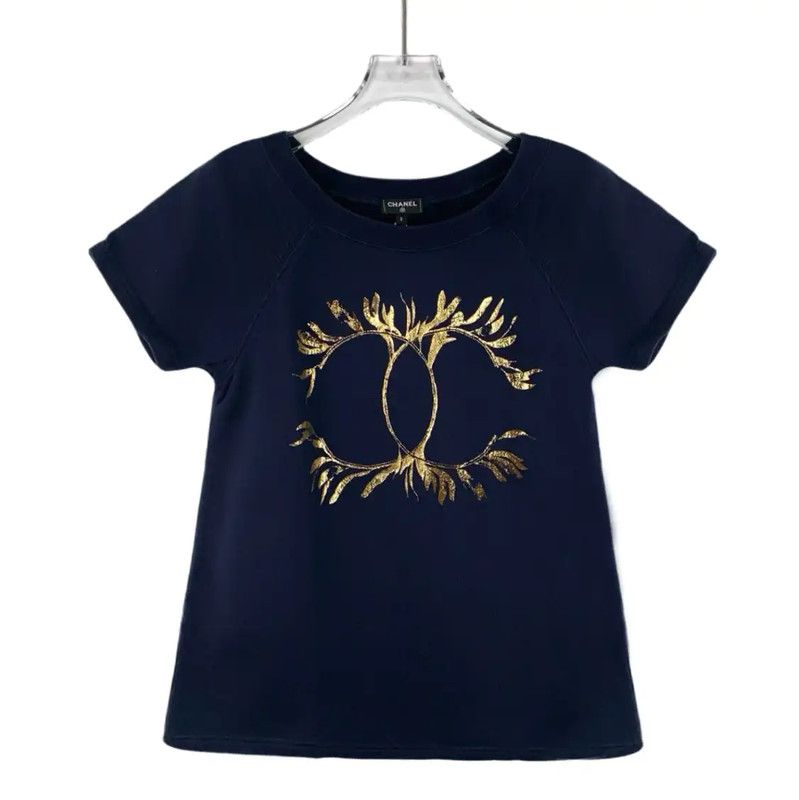 Chanel Chanel Navy Cotton T-Shirt with Gold Logo 0089 Size S / US 4 / IT 40 - 1 Thumbnail