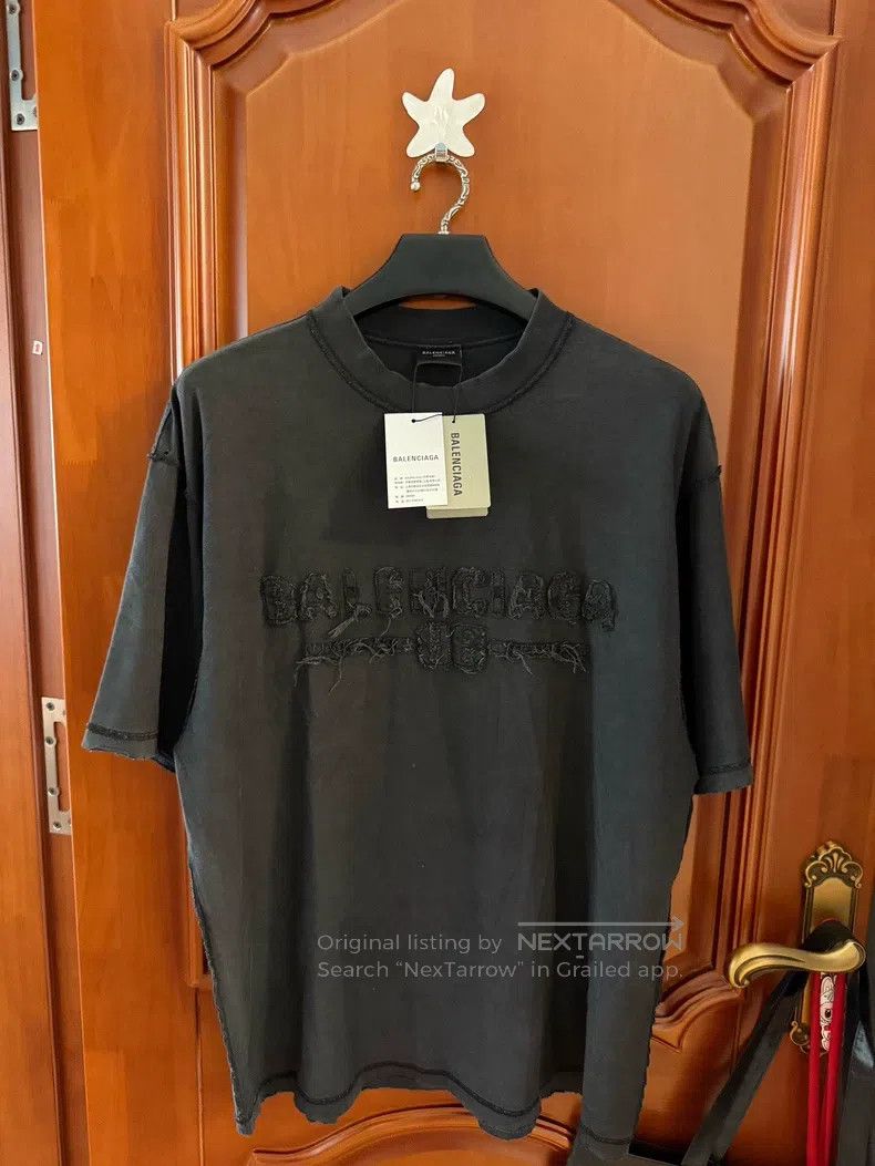 Balenciaga Distressed Fringe Design Logo Short Sleeve