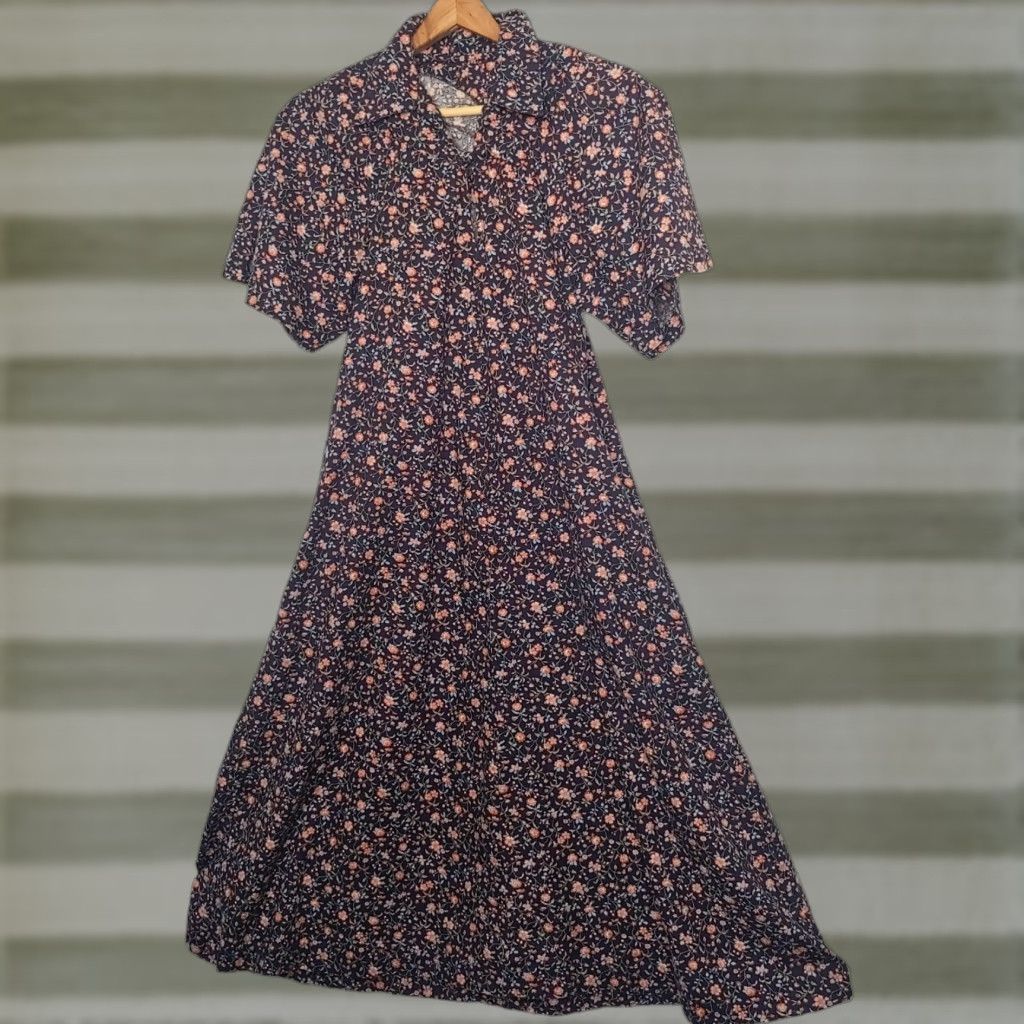 Vintage VINTAGE Flowers Dress Short Sleeve Belted A-Line Cadet Blue Pink Floral Cotton Knee Length Womens S USILGWU Belted Dress Vintage Small Size 28" / US 6 / IT 42 - 1 Thumbnail