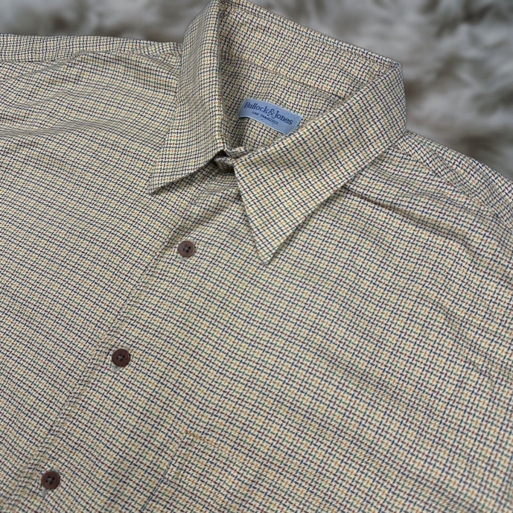 VINTAGE Bullock & Jones Shirt Men XL Beige Geometric 100% Cotton Button-Front Long Sleeve Classic Fit Mens