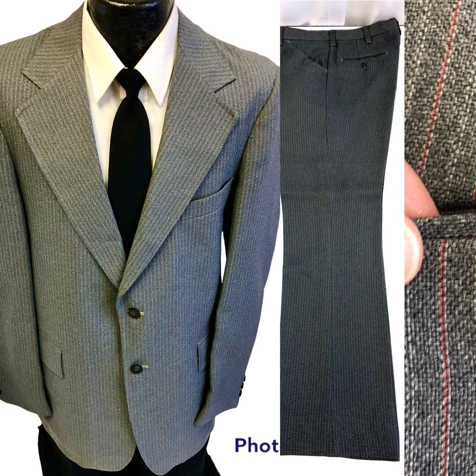 Other 2 pc Vtg Gray Red PINSTRIPE Mod DISCO Party Bell Bottom Suit Size 38R - 1 Thumbnail