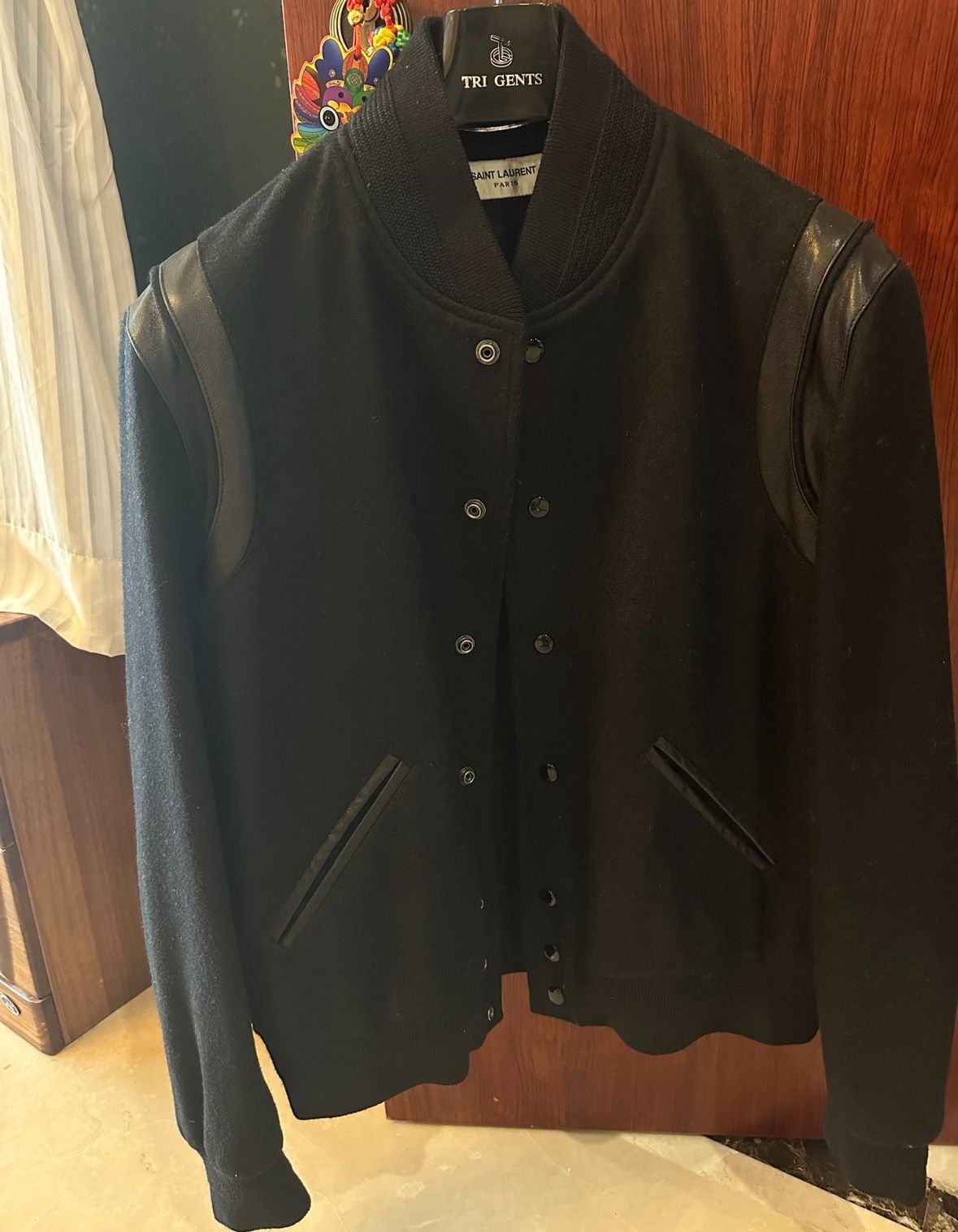 Saint Laurent Paris Saint Laurent Black Wool Leather Trim Bomber Jacket- Size US L / EU 52-54 / 3 - 1 Thumbnail