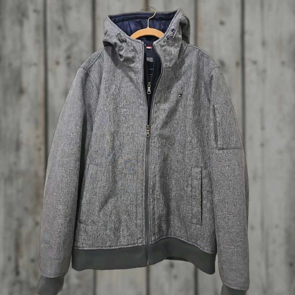 Tommy Hilfiger Mens Coat 3 Layer Fabric Water Wind Resistant Sz M Gray Coat 90s Classic Puffer Jacket Zip Snap Hooded Casual Travel Business Mens