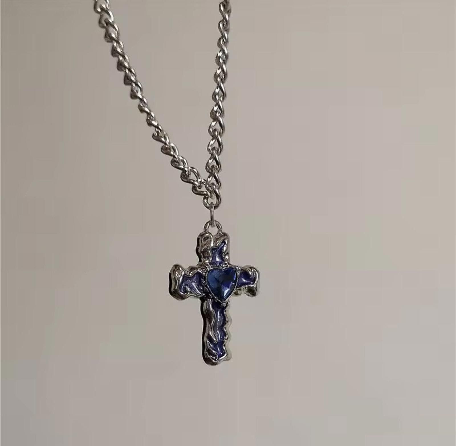 Jewelry Silver Cross Necklace with Blue Heart Stone Size ONE SIZE - 3 Thumbnail