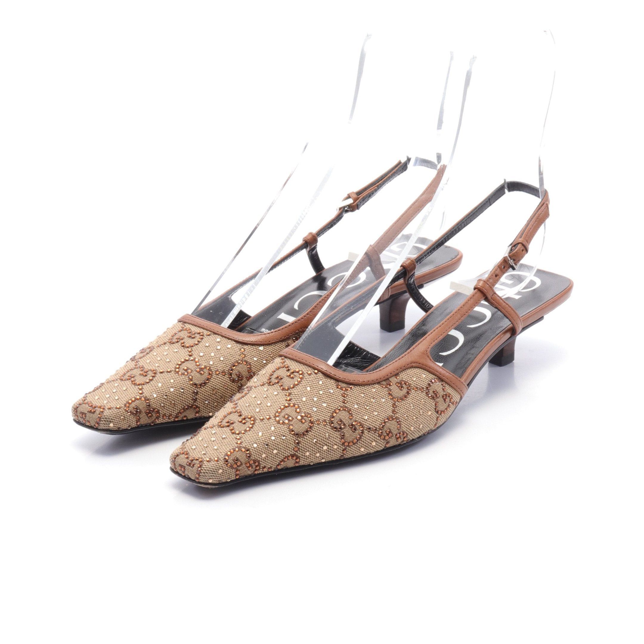 Gucci Gg Pattern Pumps Canvas Leather Rhinestone Beige Brown