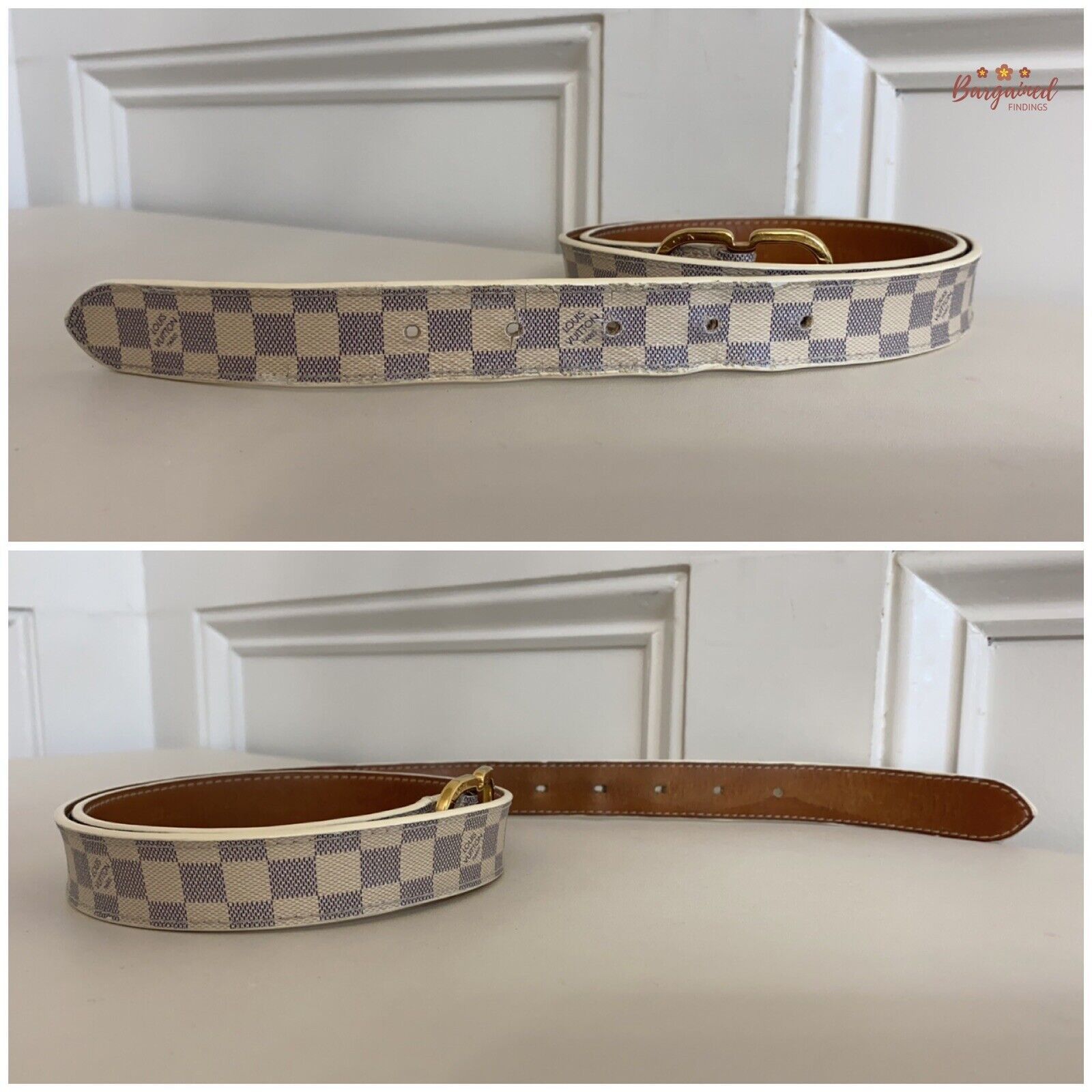 Louis Vuitton Louis Vuitton Damier Azur Leather Gold Butterfly Buckle Belt Size 30 - 5 Thumbnail