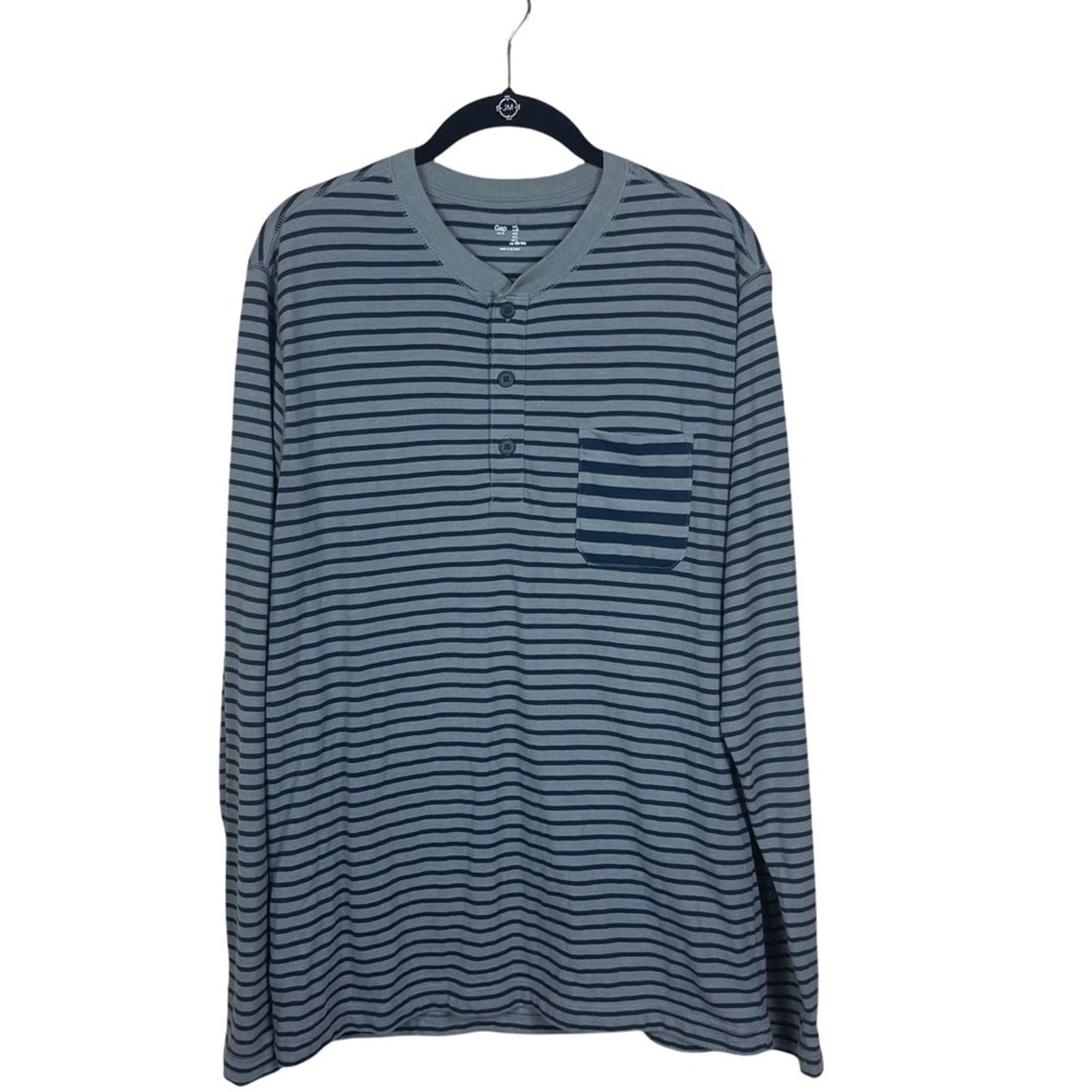 Gap Gap Striped Knit Long Sleeve 3 Button Henley Gray Navy Large Size US L / EU 52-54 / 3 - 8 Thumbnail