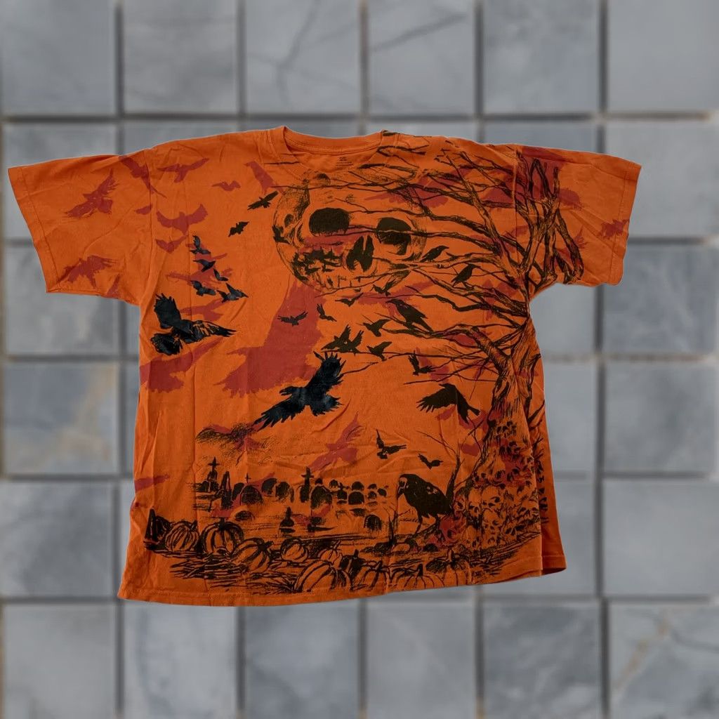 Vintage Halloween Cemetery Skulls Ravens T-Shirt Men XL Orange Black Horror Shirt Mens Short Sleeve Crew Neck Graphic Print Vintage No Size US XL / EU 56 / 4 - 1 Thumbnail