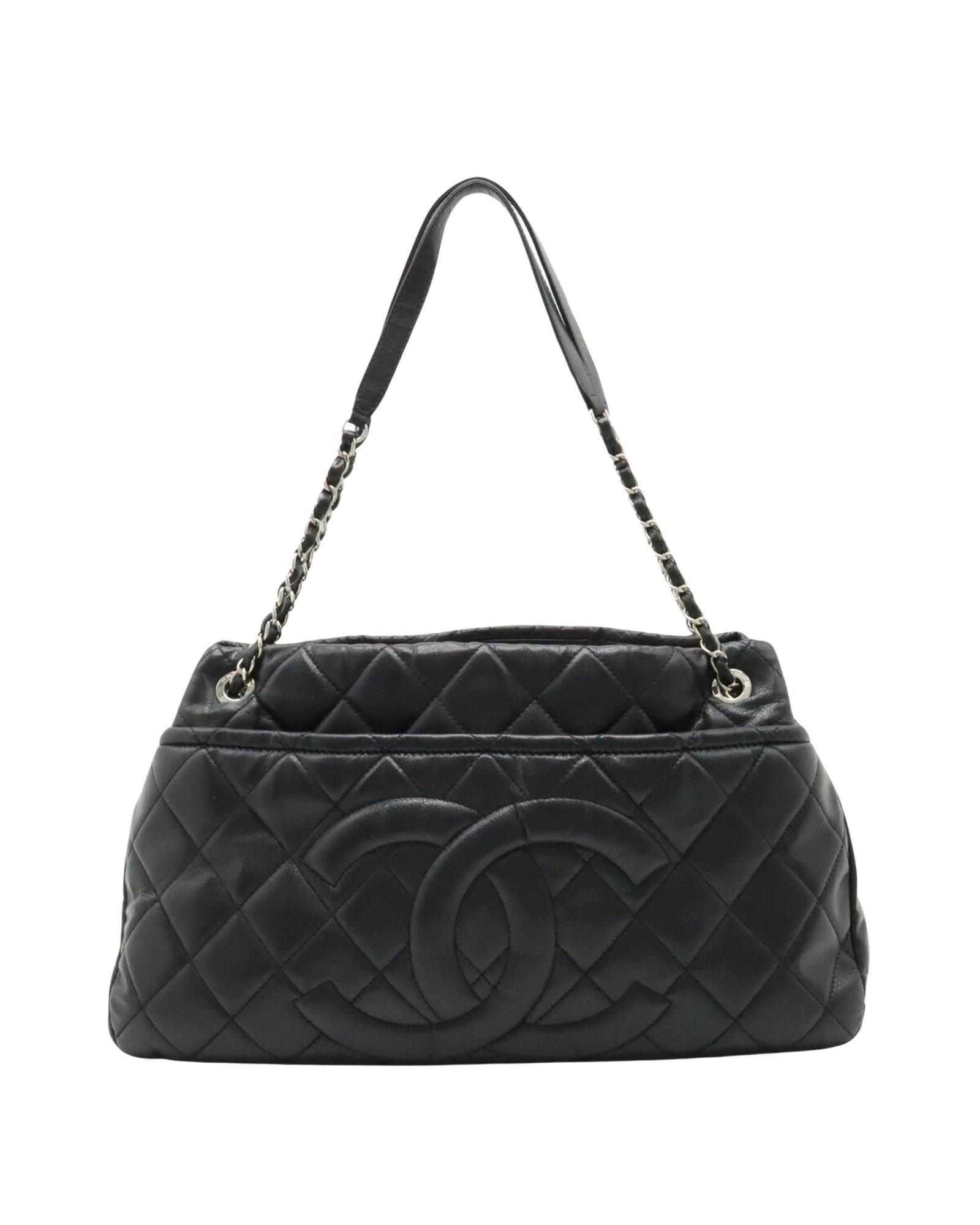 image of Chanel Luxurious Black Leather Shoulder And Tote Bag With Iconic Logo, Women's