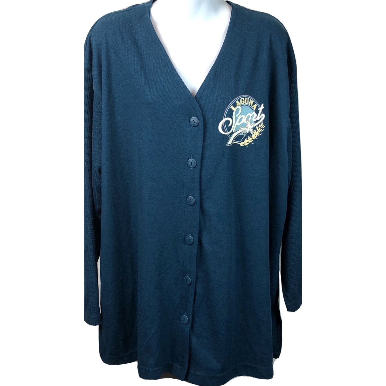 Vintage Laguna Sport Jersey Shirt Top 22W Turquoise Button Front V-Neck Longsleeve Womens Plus Size 22W Turquoise Jersey Sports Active Wear Size 3XL / US 20-22 - 2 Thumbnail