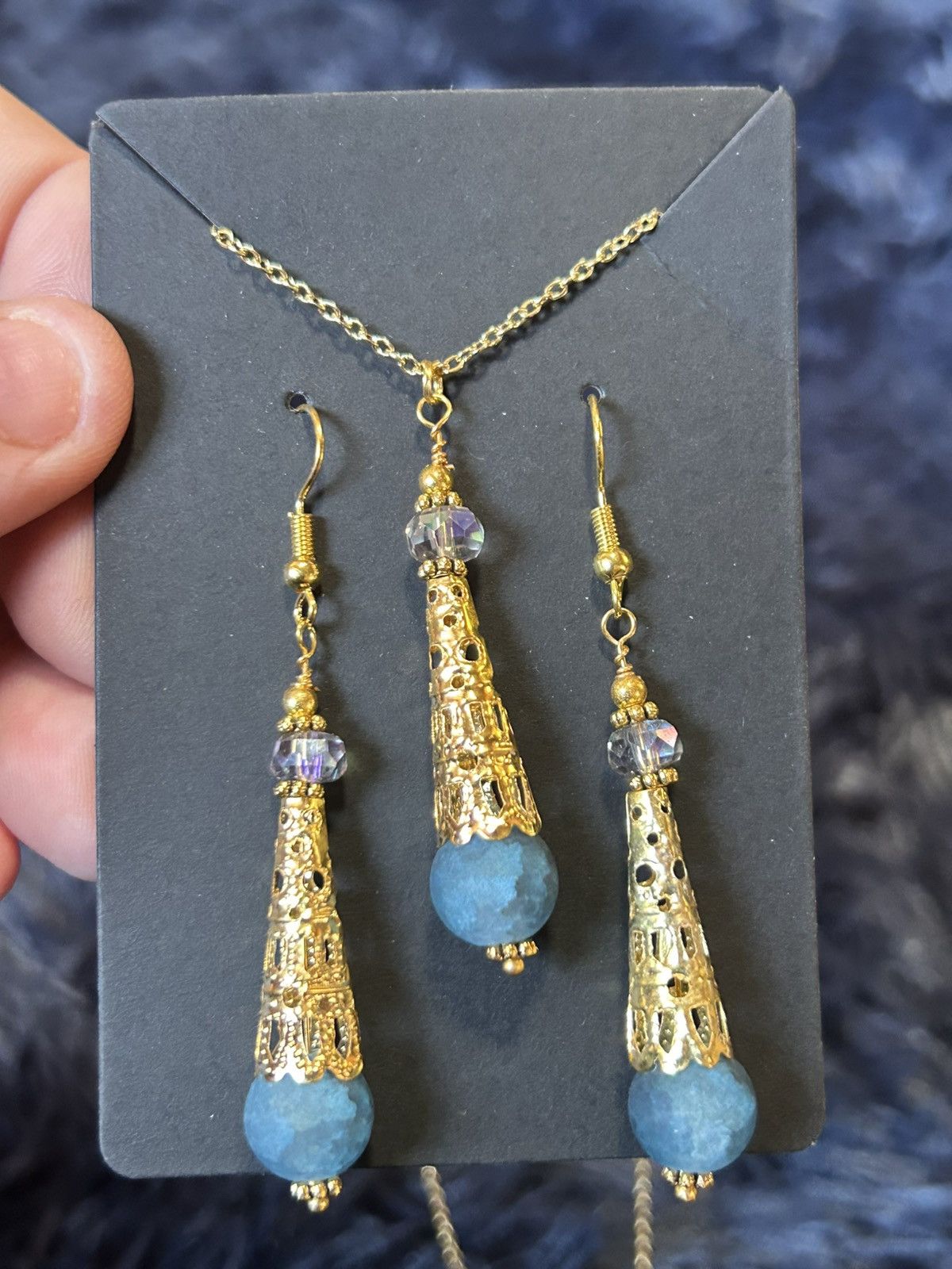 Handmade Handcrafted blue crackle glass gold filigree coil set Size ONE SIZE - 2 Thumbnail