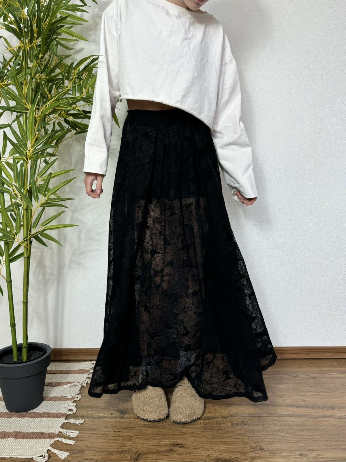 VINTAGE MESH FLOWERS MAXI SUN SKIRT