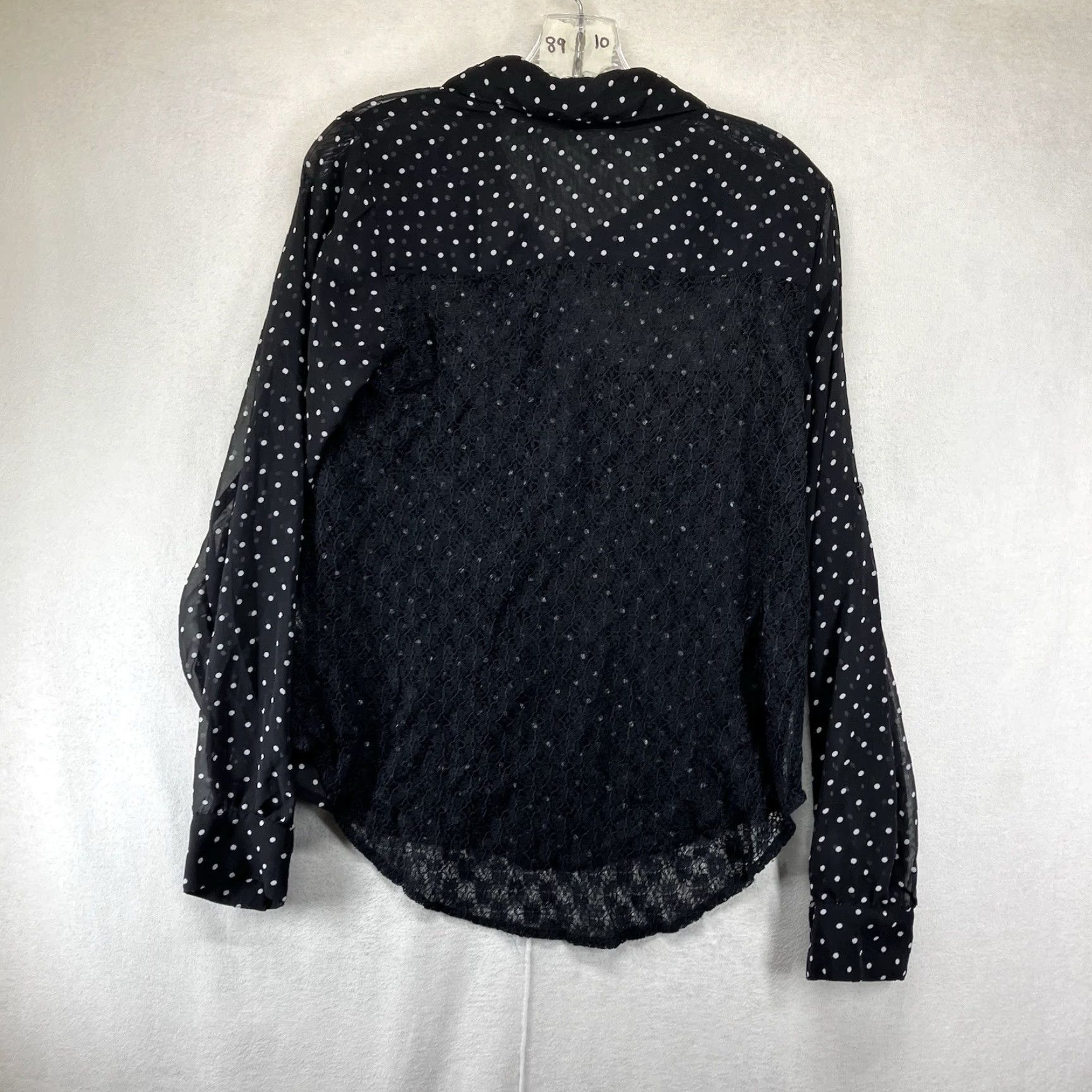 Vintage Women's Goth Top Medium Black & White Polka Dot Button Down Sheer Lace Back Size M / US 6-8 / IT 42-44 - 2 Thumbnail