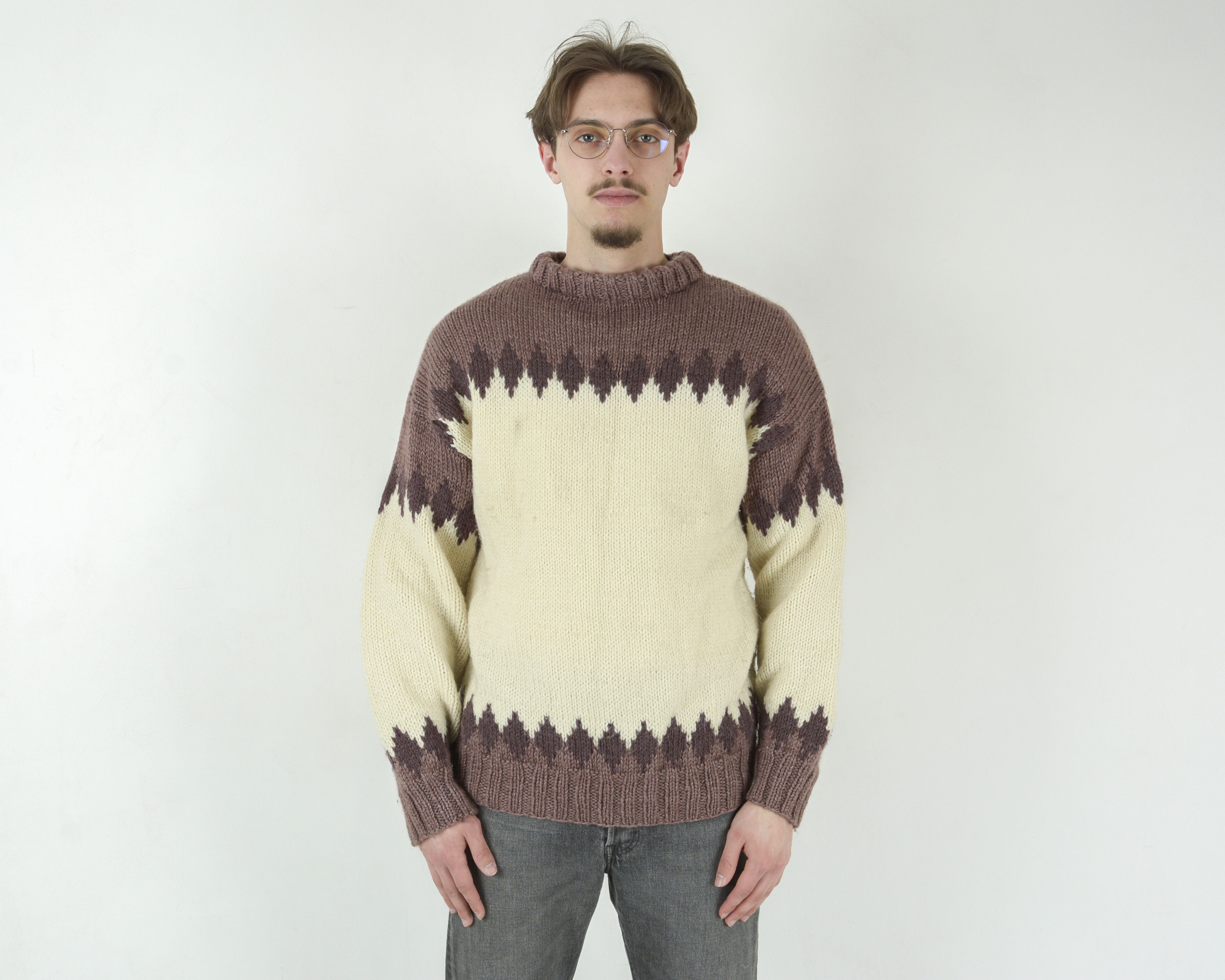 Handmade Mens Wool Sweater Crew Neck Retro Nordic Winter Knit Retro Size US L / EU 52-54 / 3 - 2 Thumbnail