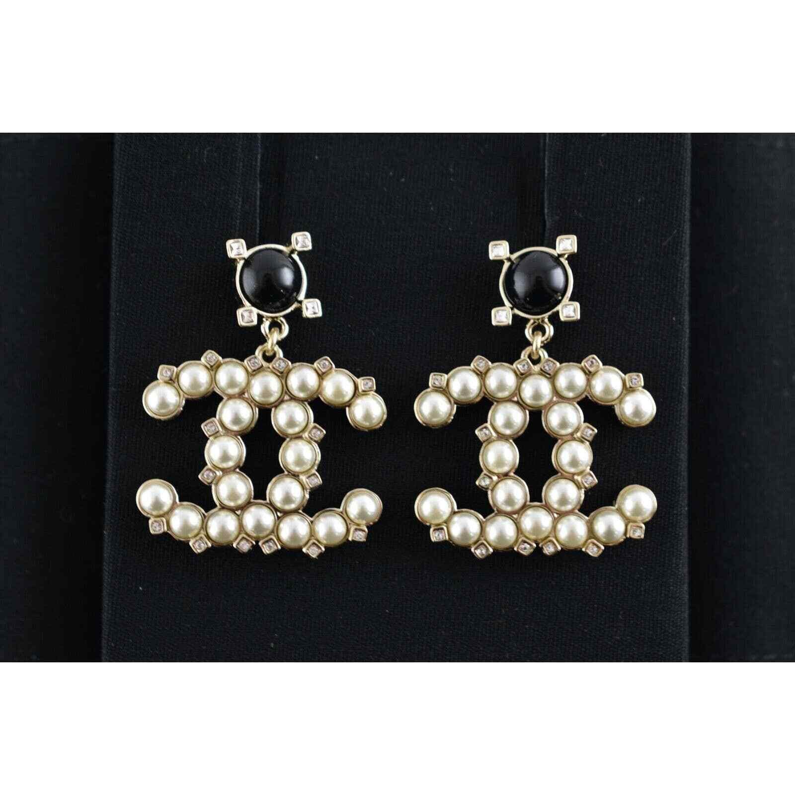 Chanel Chanel Gold Black Crystal Pearl Dangle Statement Earrings Size ONE SIZE - 7 Thumbnail