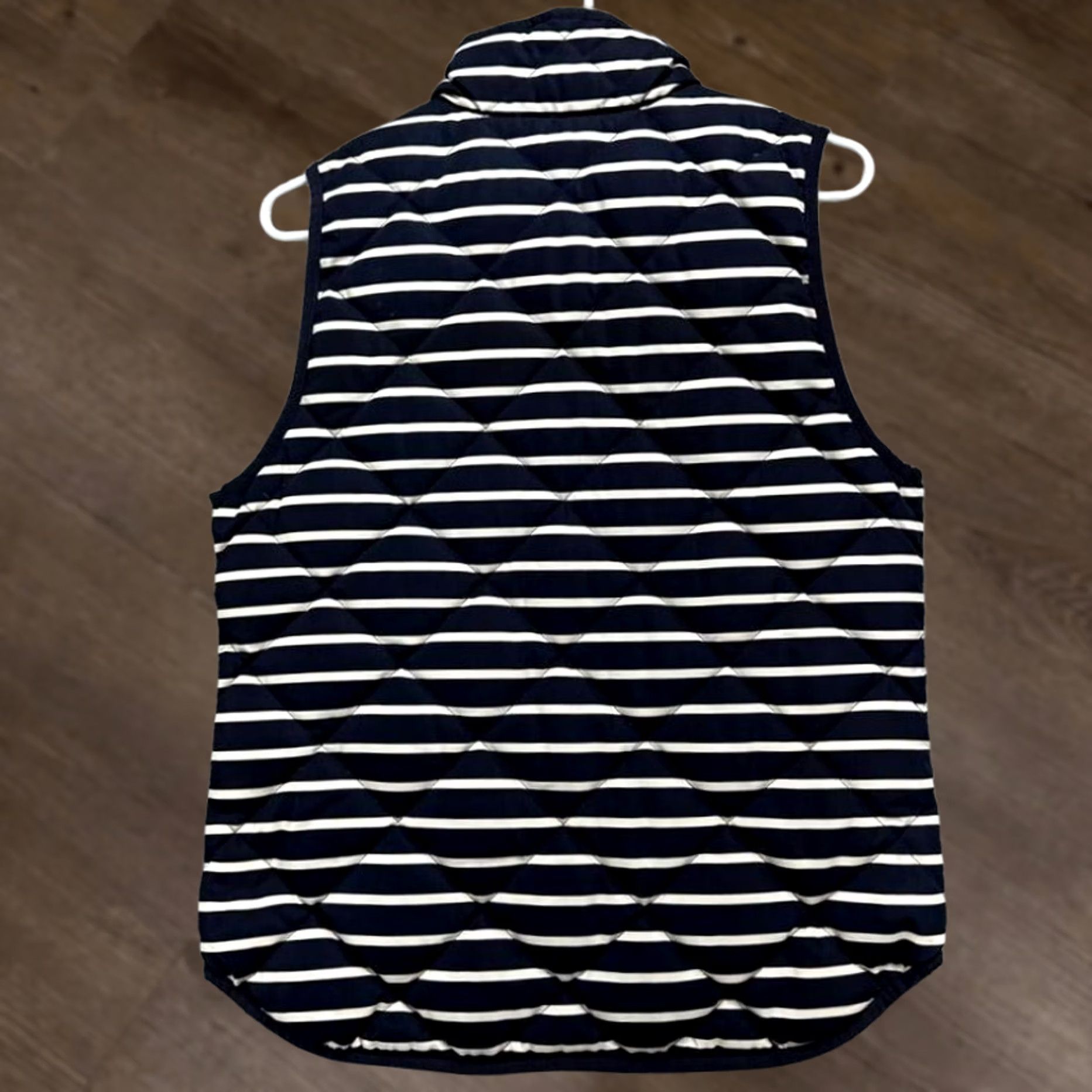 J.Crew J.CREW Goose Down Puffer Vest Womens Small Navy White Striped Full Zip Ladies Муж Size S / US 4 / IT 40 - 1 Thumbnail