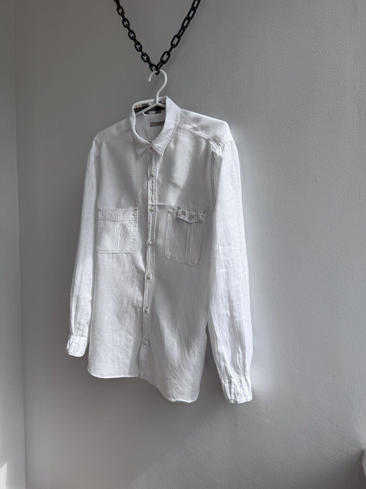 Burberry Burberry Brit White Linen Long Sleeve Pocket Shirt Luxury Size US M / EU 48-50 / 2 - 2 Thumbnail