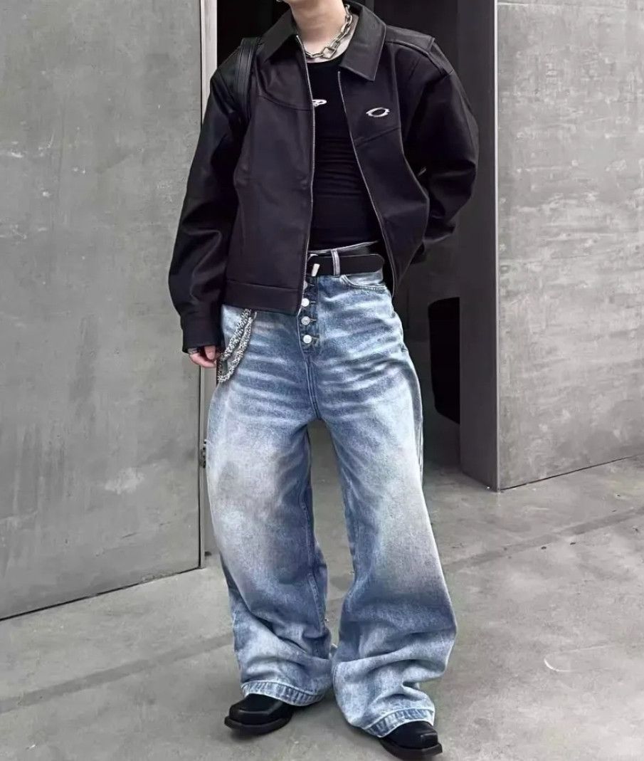 Jean × Vintage Washed Button Design Loose Straight Jeans Baggy Mopping Size US 32 / EU 48 - 2 Thumbnail