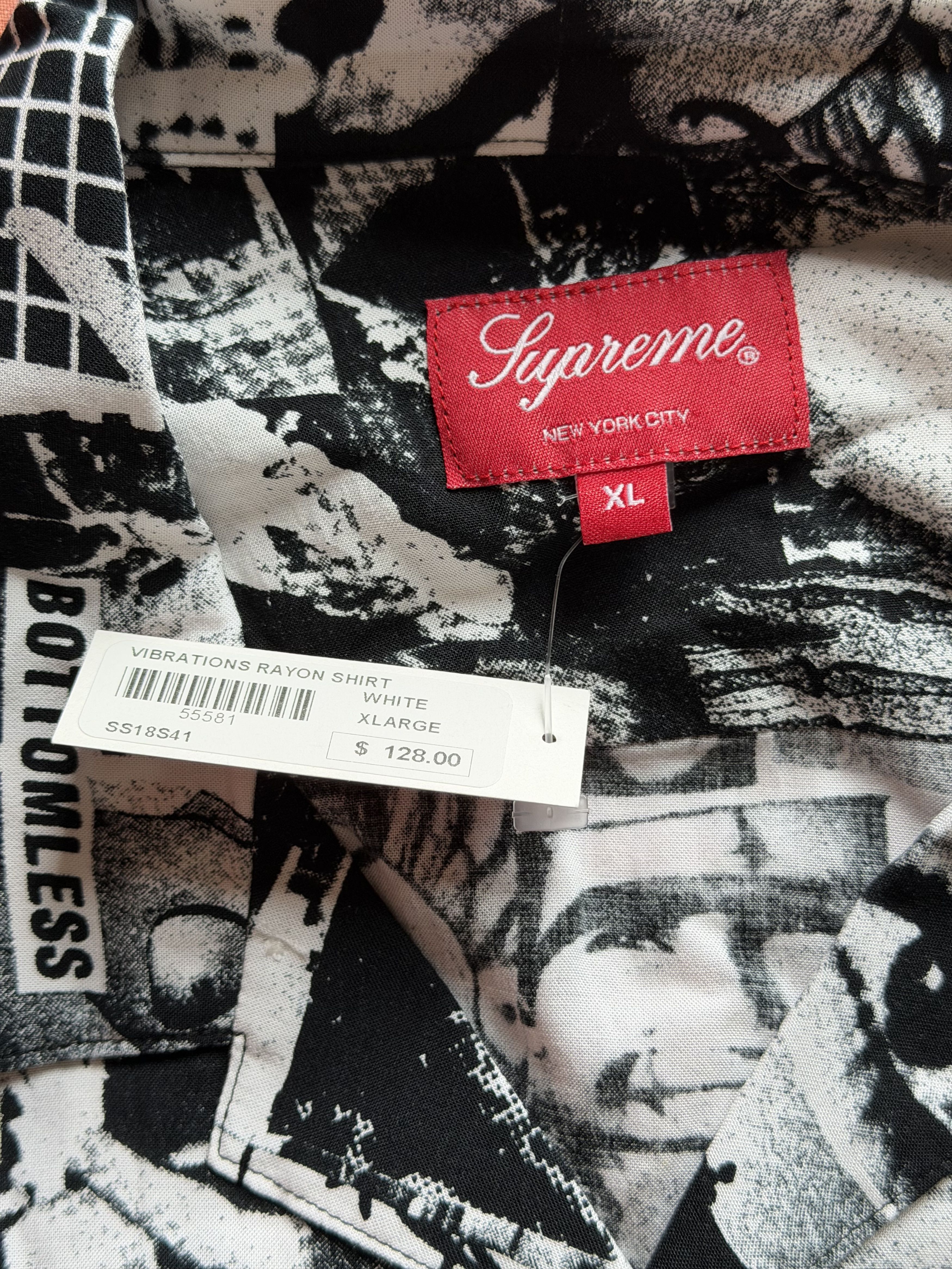 Supreme Suprem Vibrations Rayon Button Up Shirt in White Black Size US XL / EU 56 / 4 - 8 Thumbnail