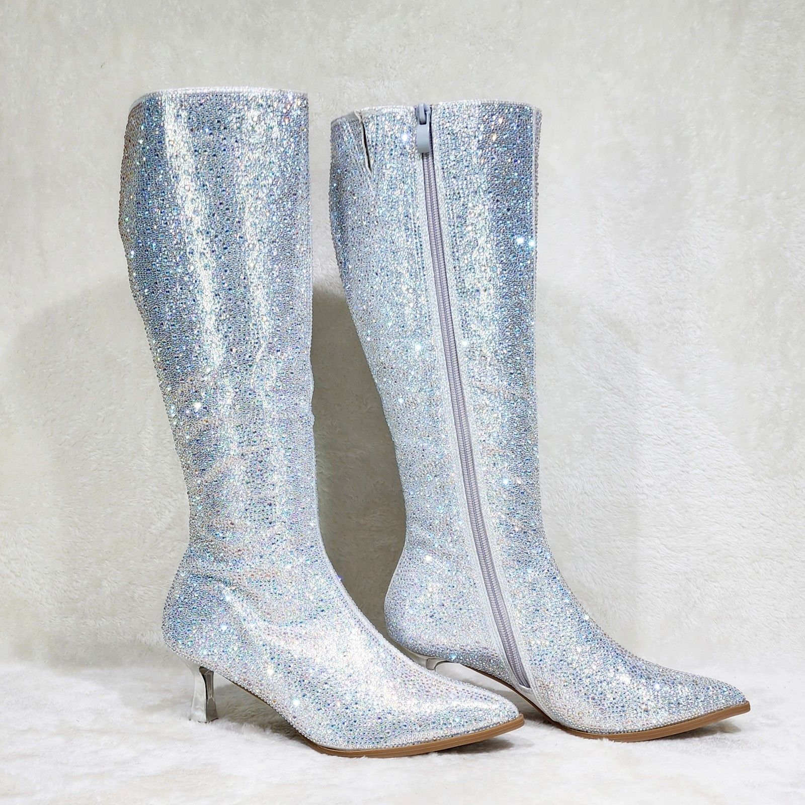Other Silver Rhinestone Knee Boots 2.5" Kitten Heels Wide Friendly Size US 8.5 / IT 38.5 - 5 Thumbnail