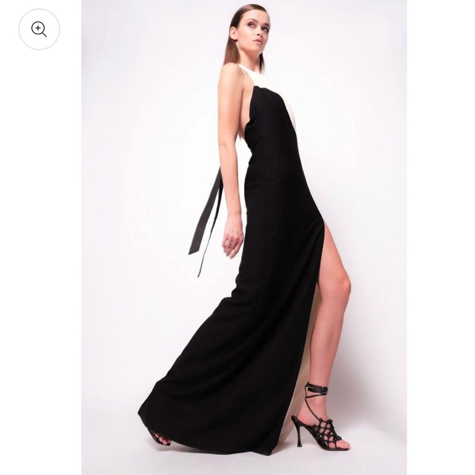 PINKO Black & White Sleeveless High Slit Sheath Maxi Dress