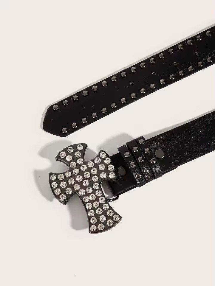 Other Gothic Punk Rhinestone Y2k Cross PU Leather Belt Size ONE SIZE - 4 Thumbnail
