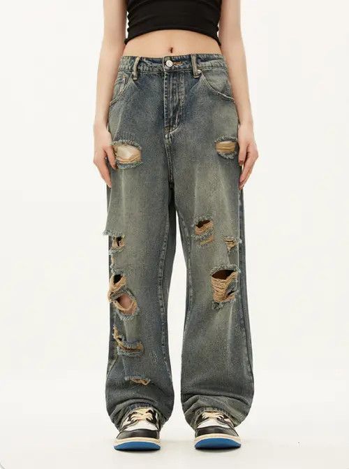 Other Street men's hiphop straight street ripped beggar jeans Size US 32 / EU 48 - 1 Thumbnail