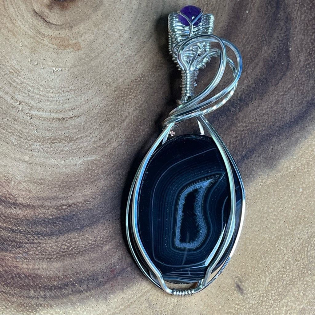 Other Black agate with druzy large pendant handmade artisan amethyst accent silver plated copper Size ONE SIZE - 1 Thumbnail