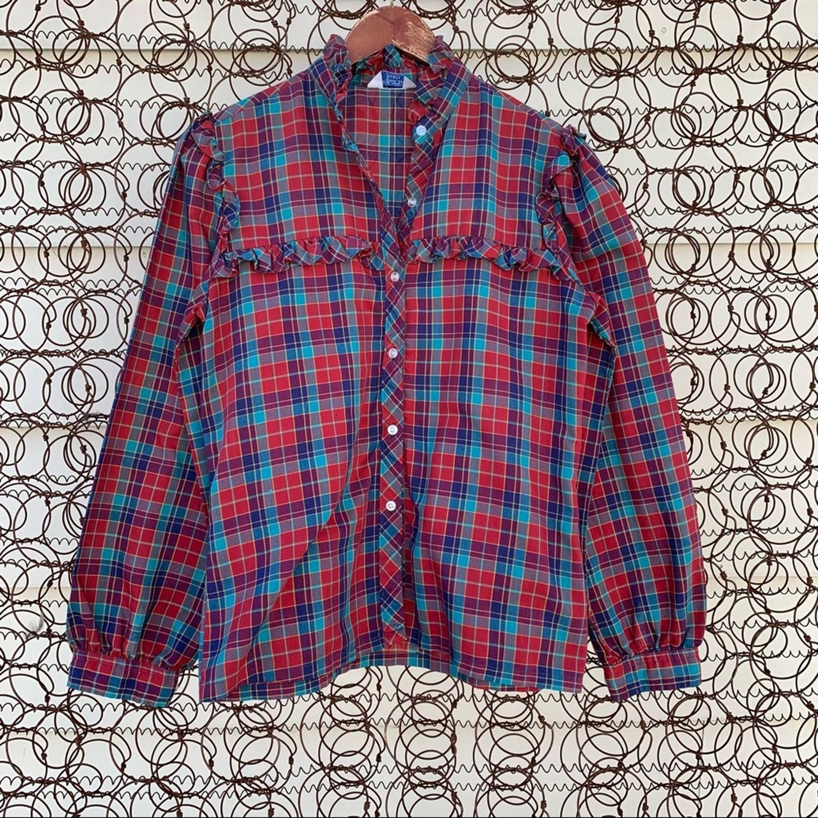 Sears Vintage 70s Sears red blue plaid ruffle blouse MEDIUM? Size M / US 6-8 / IT 42-44 - 1 Thumbnail