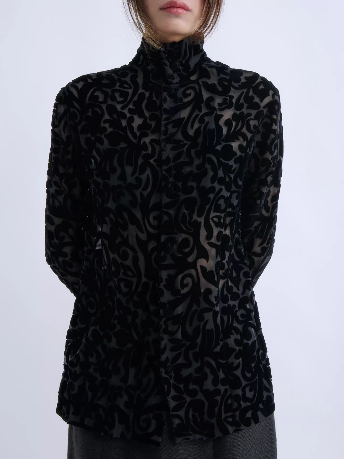 Romeo Gigli ROMEO GIGLI 90s Black Sheer Velvet Turtleneck Top Size S / US 4 / IT 40 - 1 Thumbnail