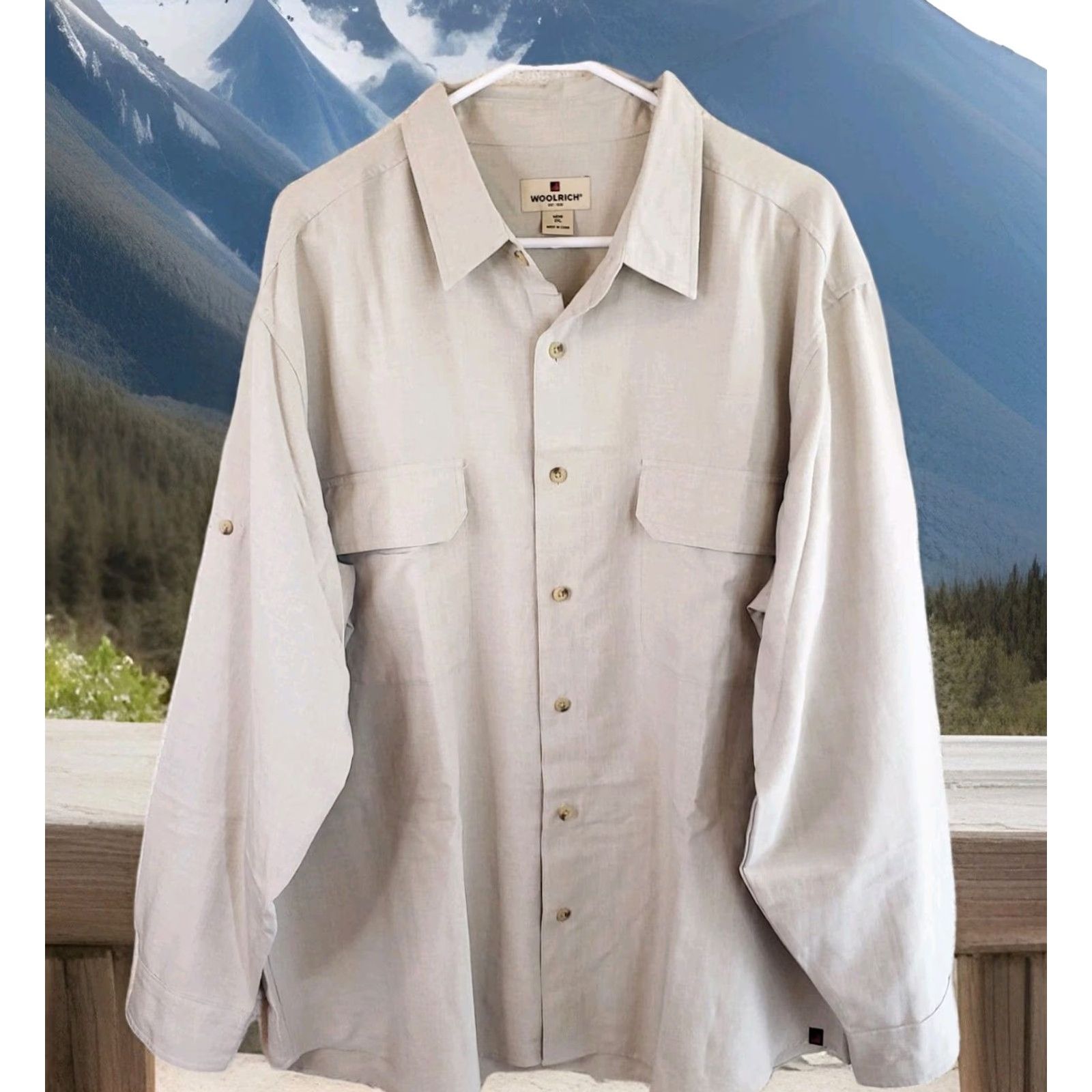 Vintage Woolrich Button-Up Shirt Men’s Long Sleeve Casual Regular XXL British Tan Beige Polyester Solid Button-Up Shirt Mens XLT Size US XXL / EU 58 / 5 - 2 Thumbnail