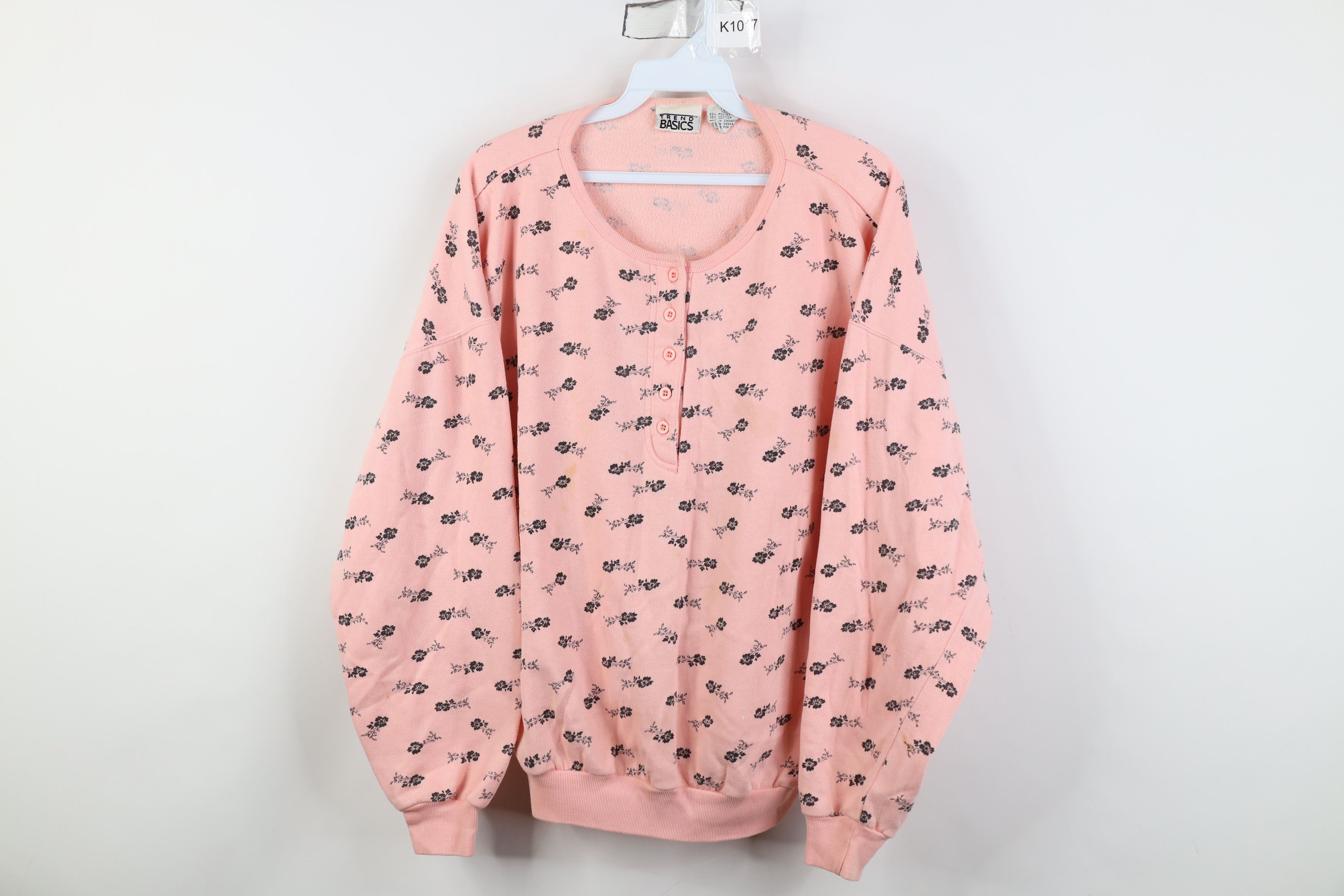 Vintage Vintage 90s Streetwear Flower Henley Sweatshirt Pink Size L / US 10 / IT 46 - 1 Thumbnail