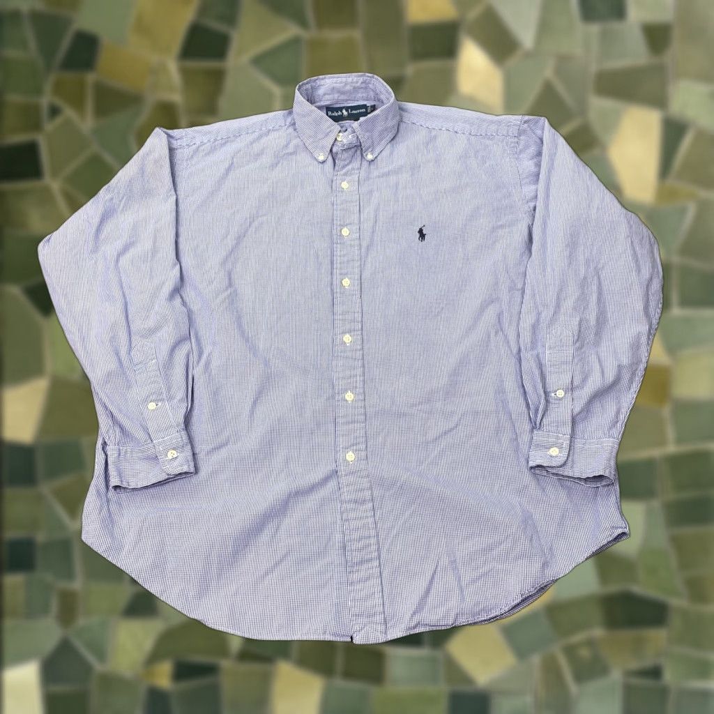 Ralph Lauren VINTAGE Ralph Lauren Shirt Mens Large Long Sleeve Cotton Gingham Blue White Classic Fit 90s Preppy Polo Pony Size US L / EU 52-54 / 3 - 1 Thumbnail