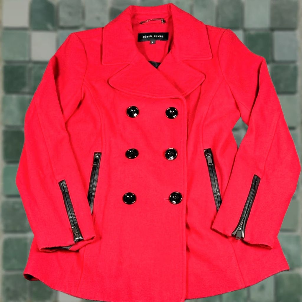 Vintage Black Rivet Pea Coat Jacket Women Wool Red Short Coat S Zip Pockets Lined City Chic Casual Size S / US 4 / IT 40 - 1 Thumbnail