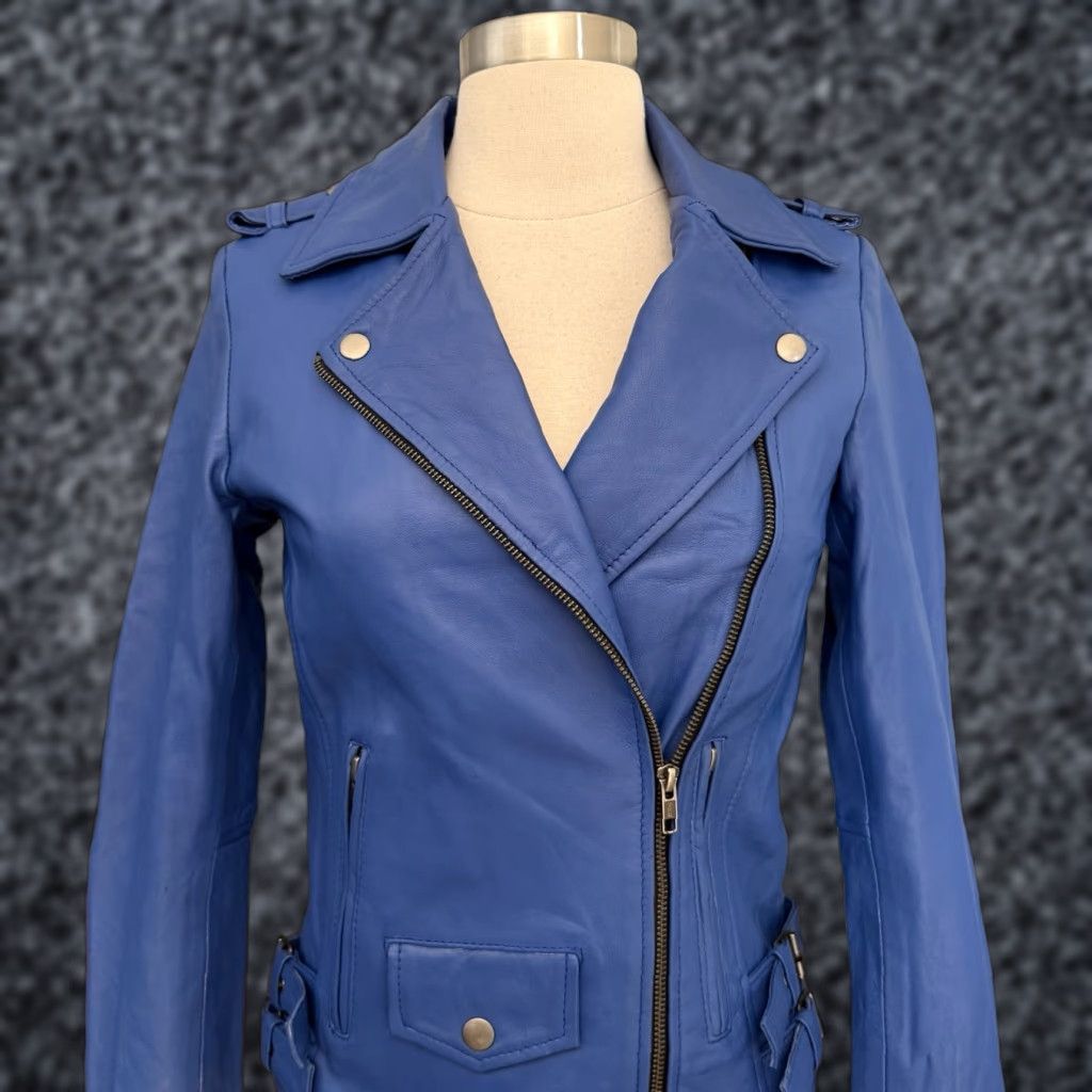 Vintage Santo by Paolo De Santo Blue Lambskin Leather Moto Jacket XS Woman Slim Short Zip Size XS / US 0-2 / IT 36-38 - 1 Thumbnail