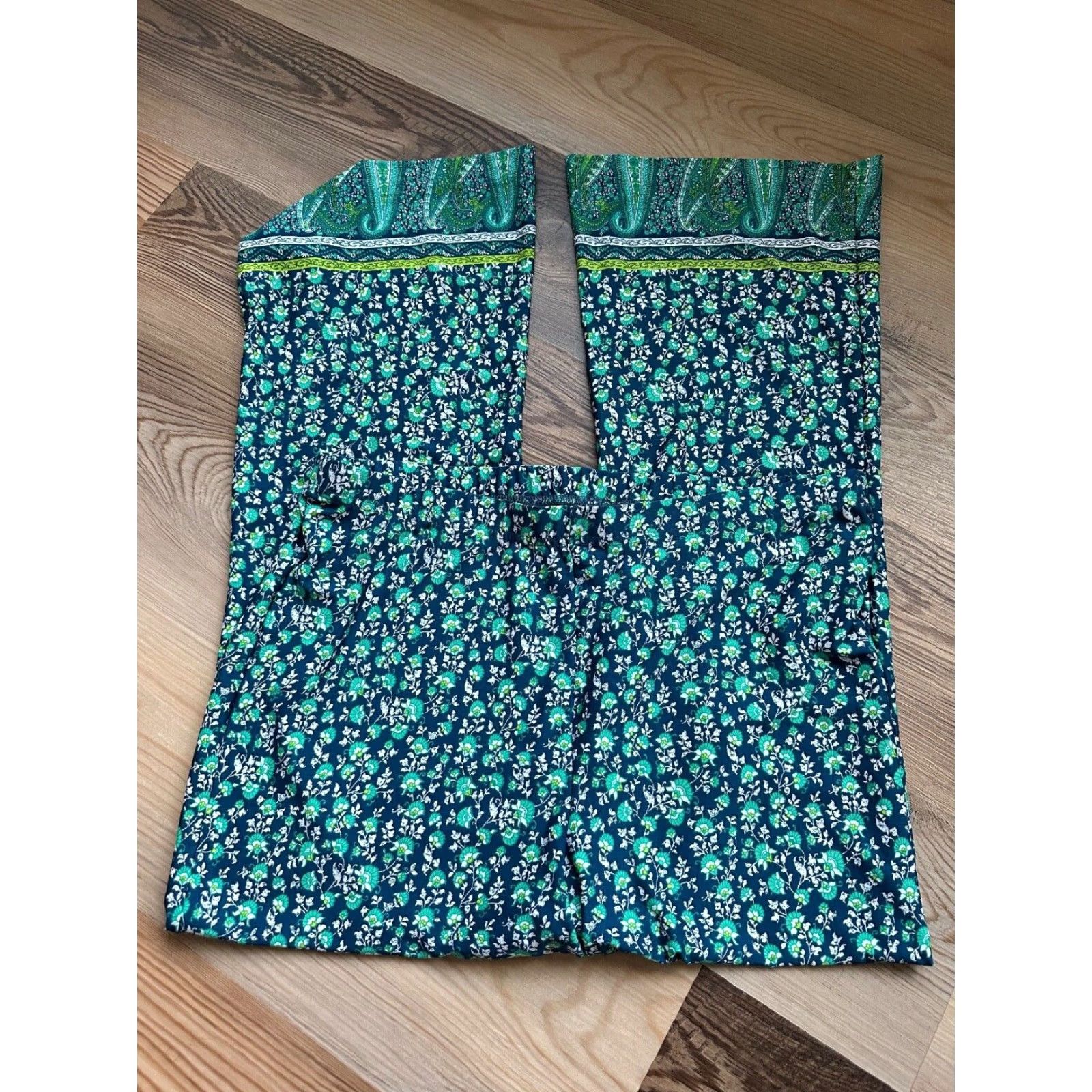 Vintage New Directions Womens XL Blue Floral Wide Leg Pants Elastic Waist Boho Knit Size 40" / US 18 - 2 Thumbnail