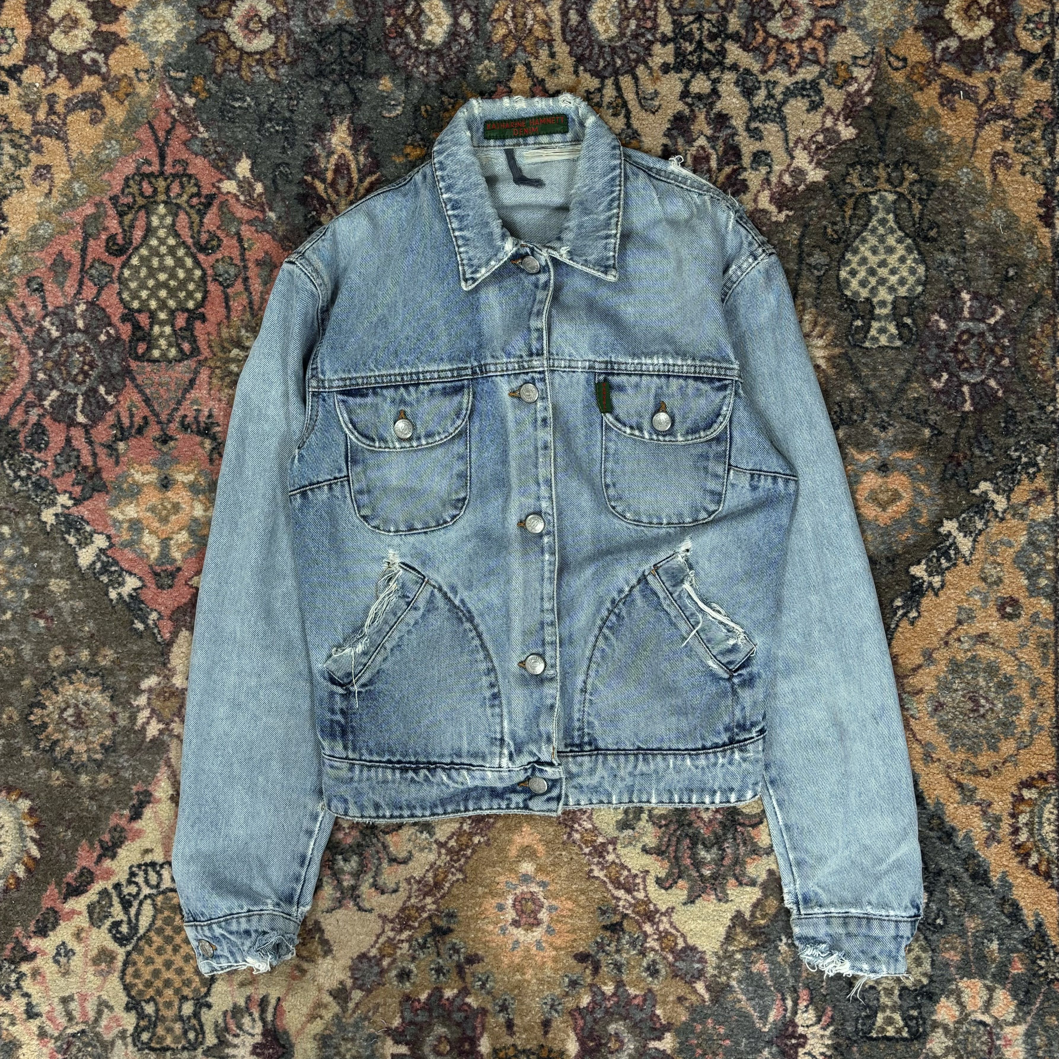 image of Katharine Hamnett London 90's Washed Denim Cropped Jeans Jacket Distressed, Women's (Size Small)