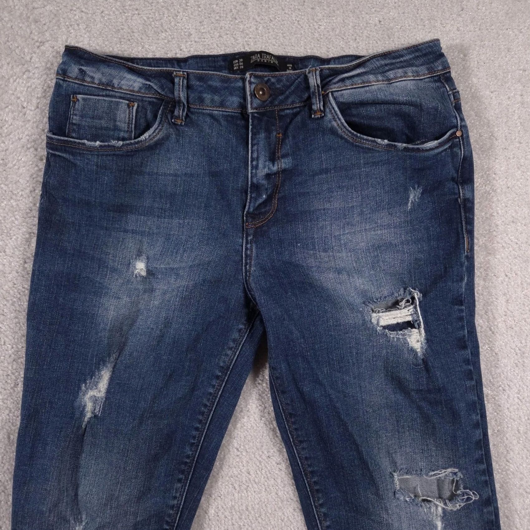 Zara Zara Trafaluc Denim Jeans Womens 6 Blue Medium Wash Distressed Ripped Skinny TRF Zip Pocket Pockets Slim Rise Mid Inseam 28in Crew Size 28" / US 6 / IT 42 - 3 Thumbnail