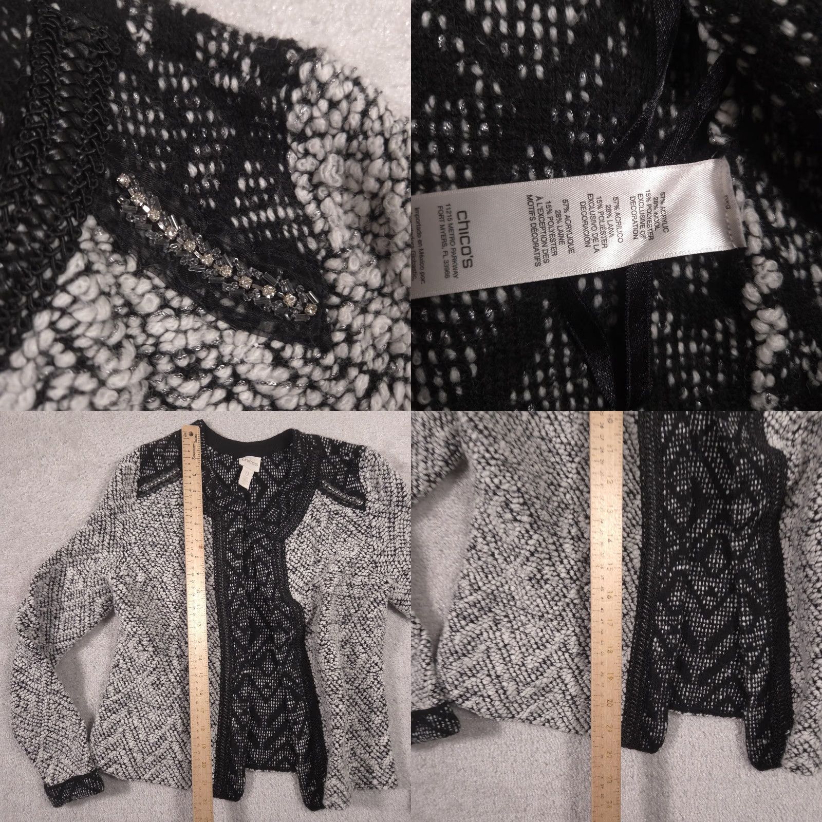 Vintage Chico's Cardigan Sweater Womens 0 Gray Beaded Open Front Geometric Chunky Knit Size XS / US 0-2 / IT 36-38 - 8 Thumbnail