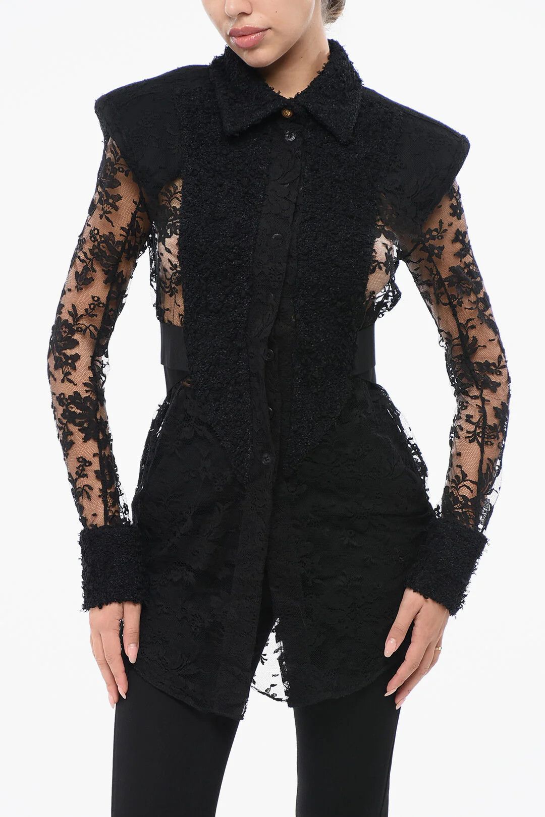 Balmain og1mm0326 Padded Shoulder Straps Lace Blouse in Black Size M / US 6-8 / IT 42-44 - 1 Thumbnail