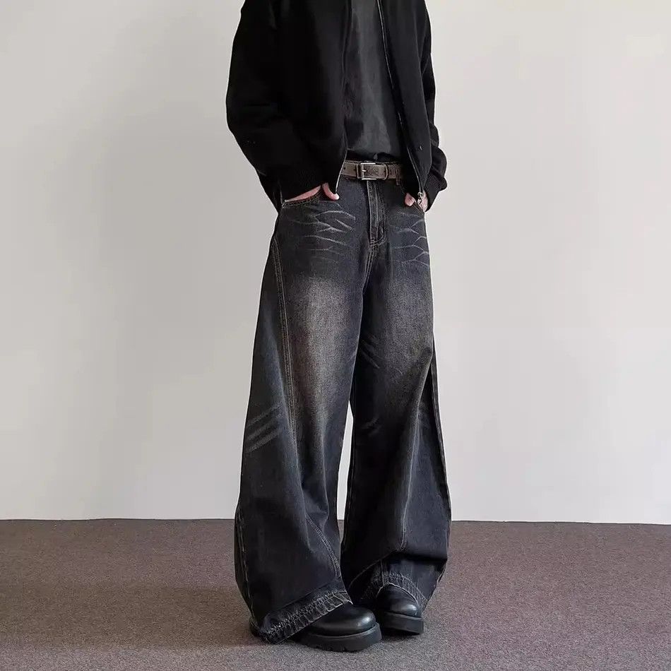 Japanese Brand Retro loose straight leg spliced cat whisker jeans Size US 32 / EU 48 - 3 Thumbnail