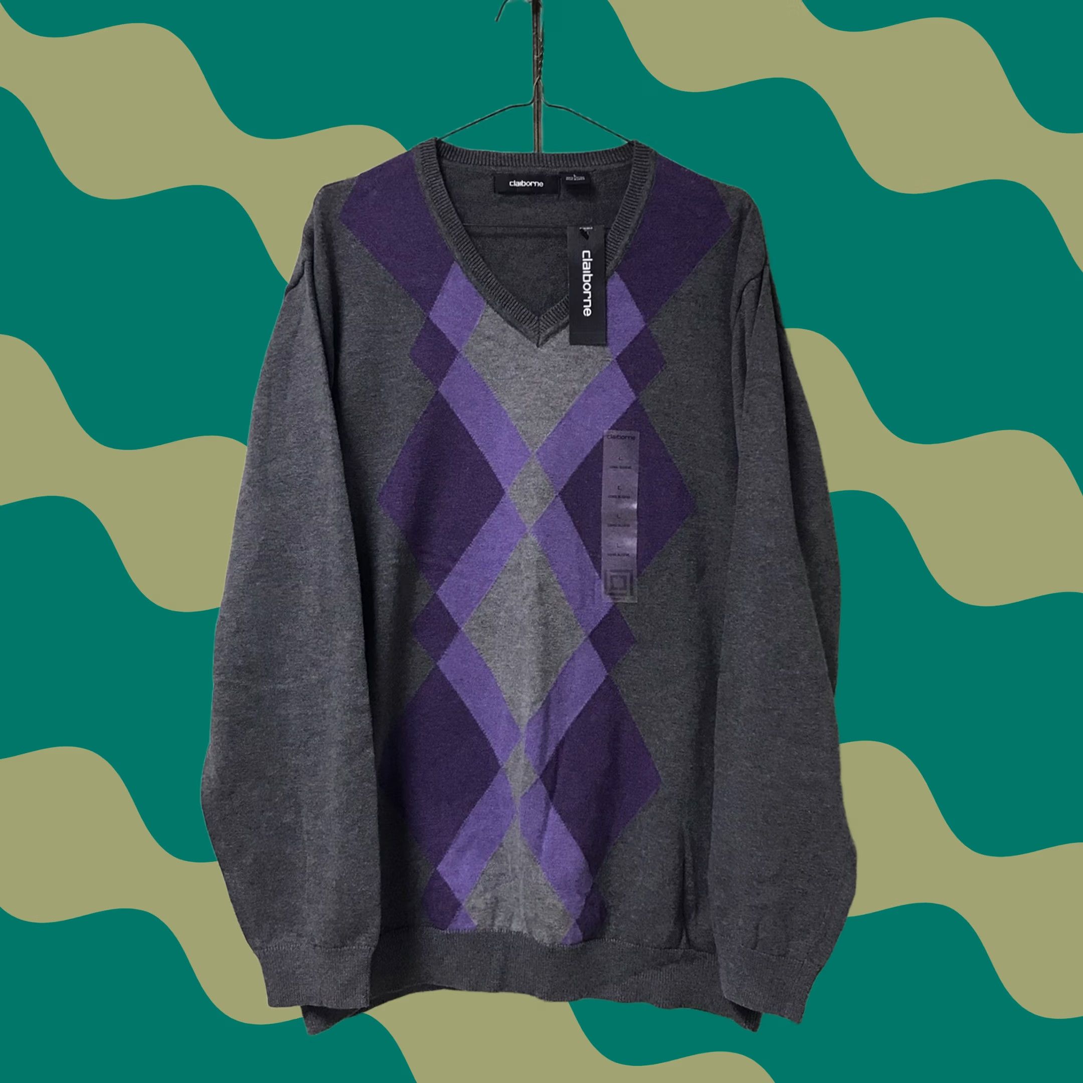 Liz Claiborne Claiborne Men Charcoal Gray Argyle Diamond V-Neck Tight Knit Sweatshirt Sweater L Size US L / EU 52-54 / 3 - 1 Thumbnail