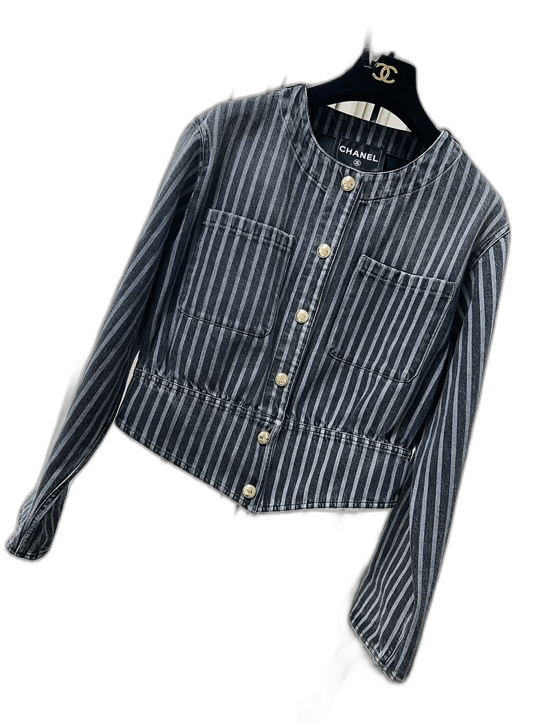 Chanel Chanel Blue Gray Striped Denim Jacket Size M / US 6-8 / IT 42-44 - 1 Thumbnail
