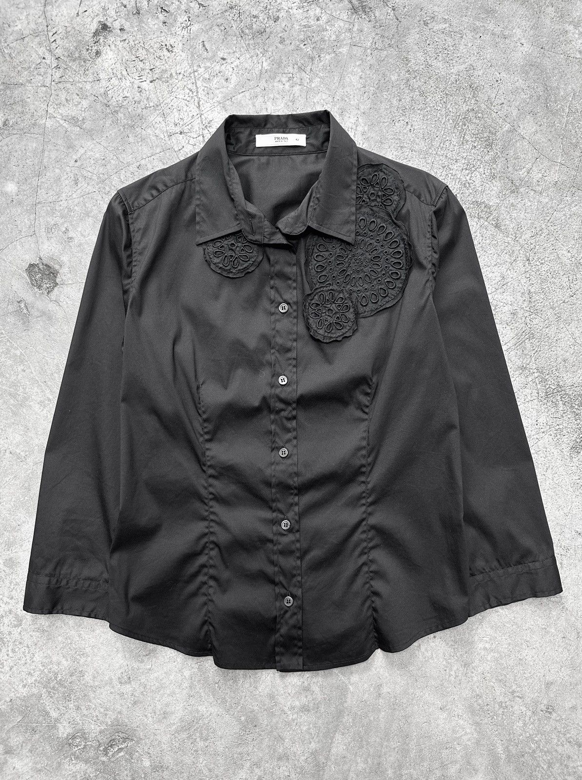 Image of Prada Floral Appliqué Black Button Up Shirt, Men's (Size XS)