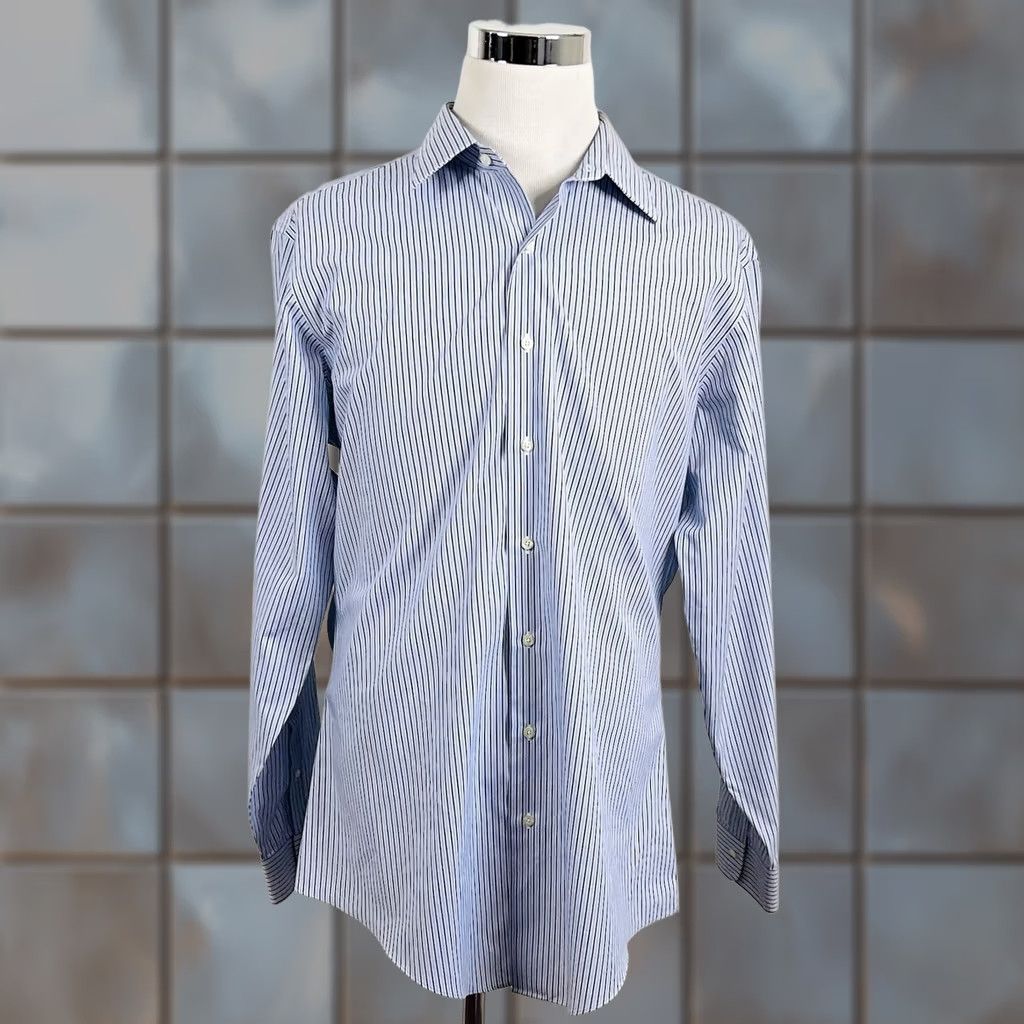 Brooks Brothers Brooks Brothers Dress Shirt Blue White Striped 17.5 36 Non-Iron 100% Cotton Mens Regular Shirt Size 48R - 1 Thumbnail
