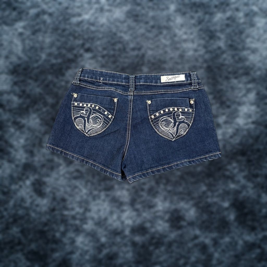 Southpole VINTAGE South Pole Denim Short Shorts Womens 11 Pocket Low Rise 90s Y2K Rhinestone Dark Wash Blue 100% Cotton Cut-Off Festival Beach Casual Women Size 32" / US 10 / IT 46 - 1 Thumbnail