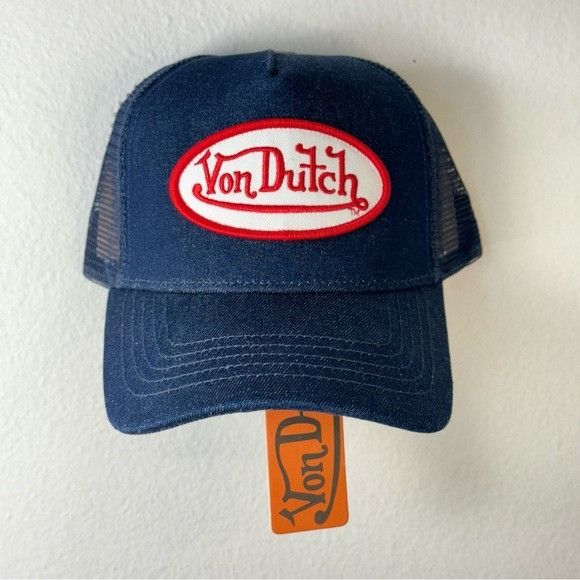 Designer × Von Dutch NWT VON DUTCH DARK DENIM RED & WHITE PATCH TRUCKER HAT Size ONE SIZE - 1 Thumbnail