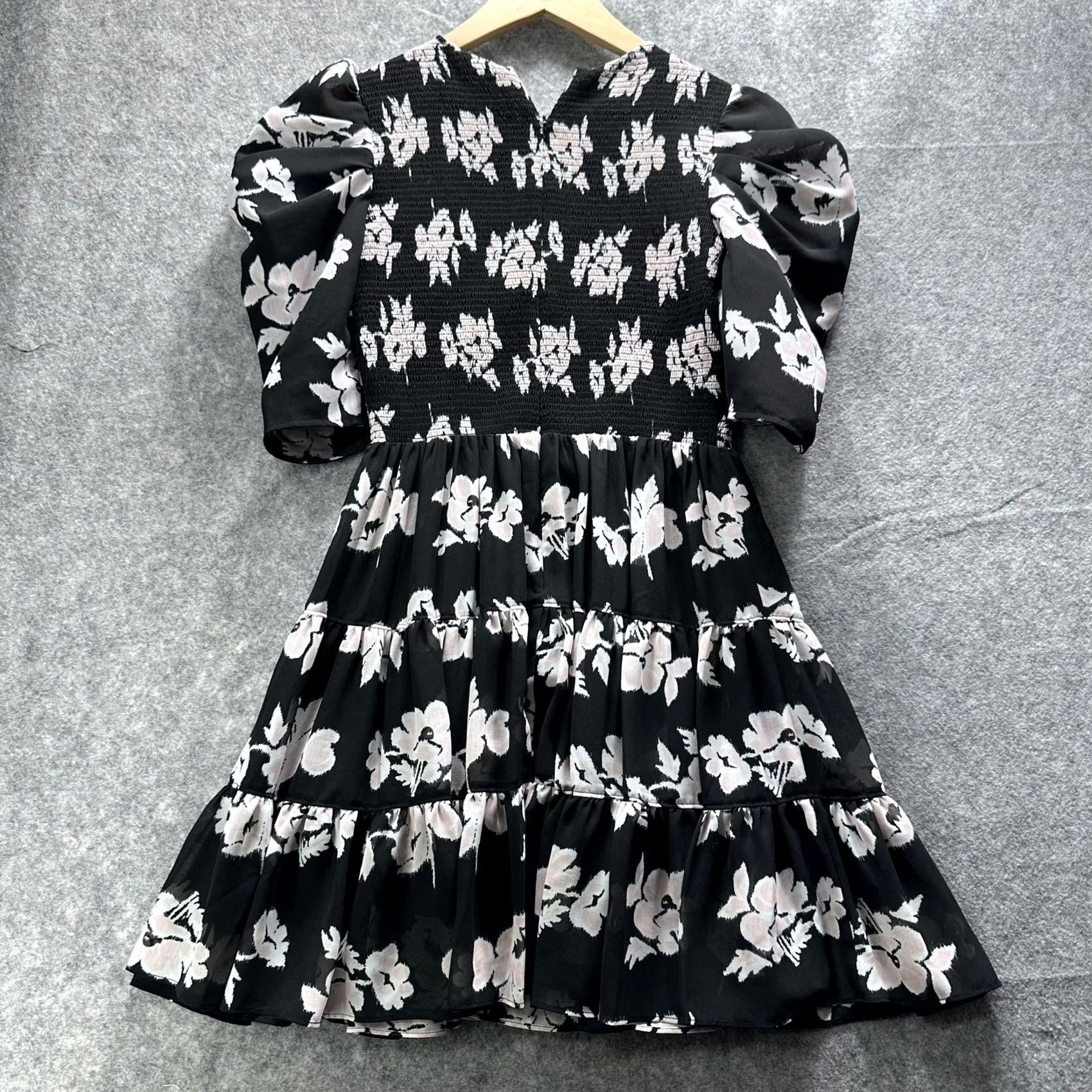 Cinq a Sept Cinq a Sept Dress Womens 0 Black Floral Puff Sleeve Smocked Tiered Ruffle Mini Size XS / US 0-2 / IT 36-38 - 7 Thumbnail