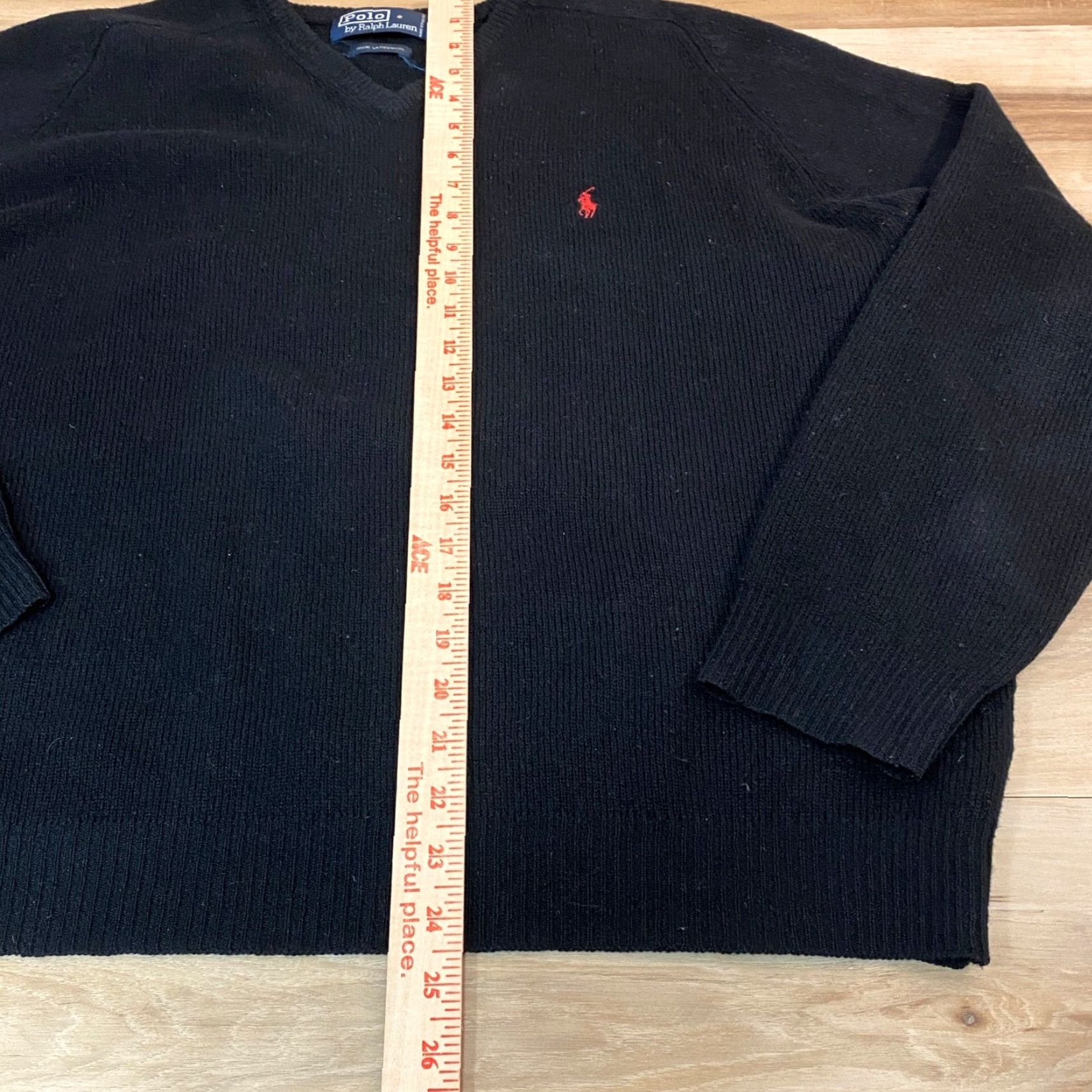 VINTAGE Polo Ralph Lauren Sweater Shirt Mens L Black Polo Ralph Lauren 100% Lambswool V-Neck Red Pony