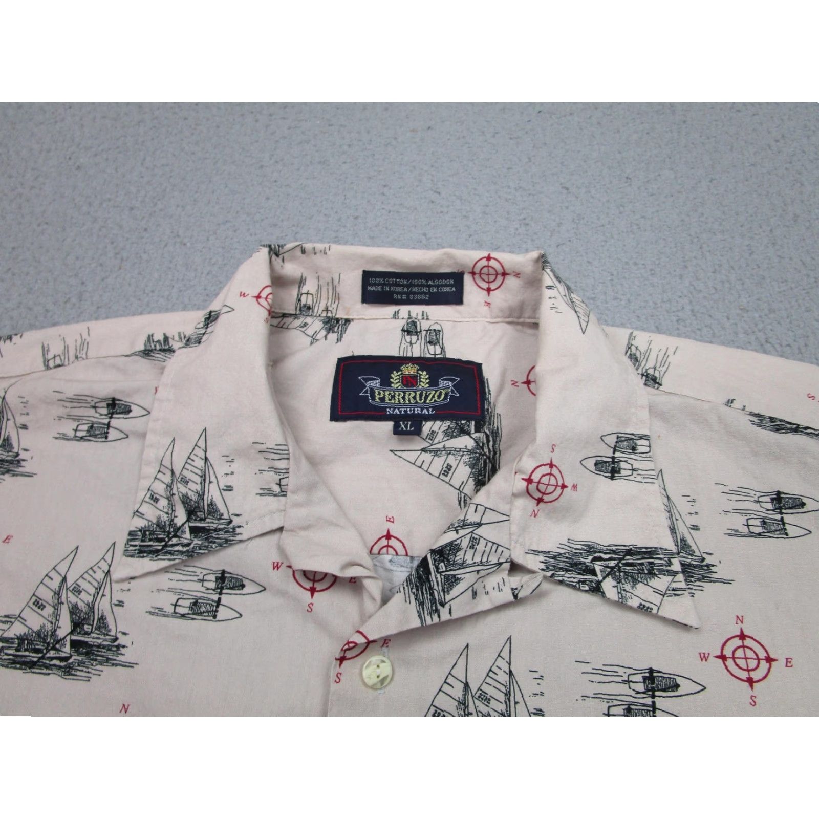 Nautica Perruzo Natural Shirt Mens XL Beige Sailboat Nautical Short Sleeve Outrigger Button-Up Christmas? (no not include) Size US XL / EU 56 / 4 - 5 Thumbnail